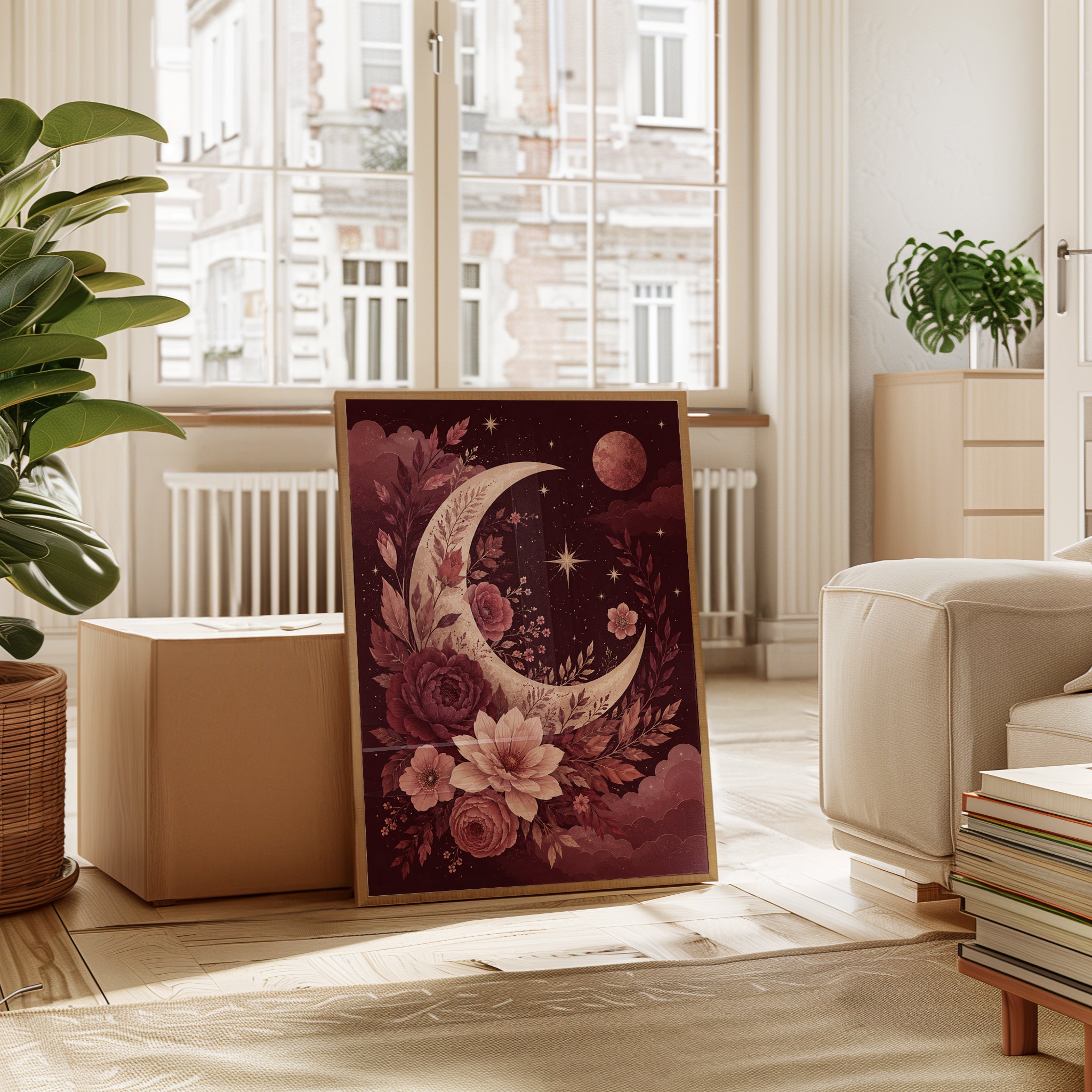 Burgundy Moon and Roses Art Print: Celestial Floral Wall Art - interior