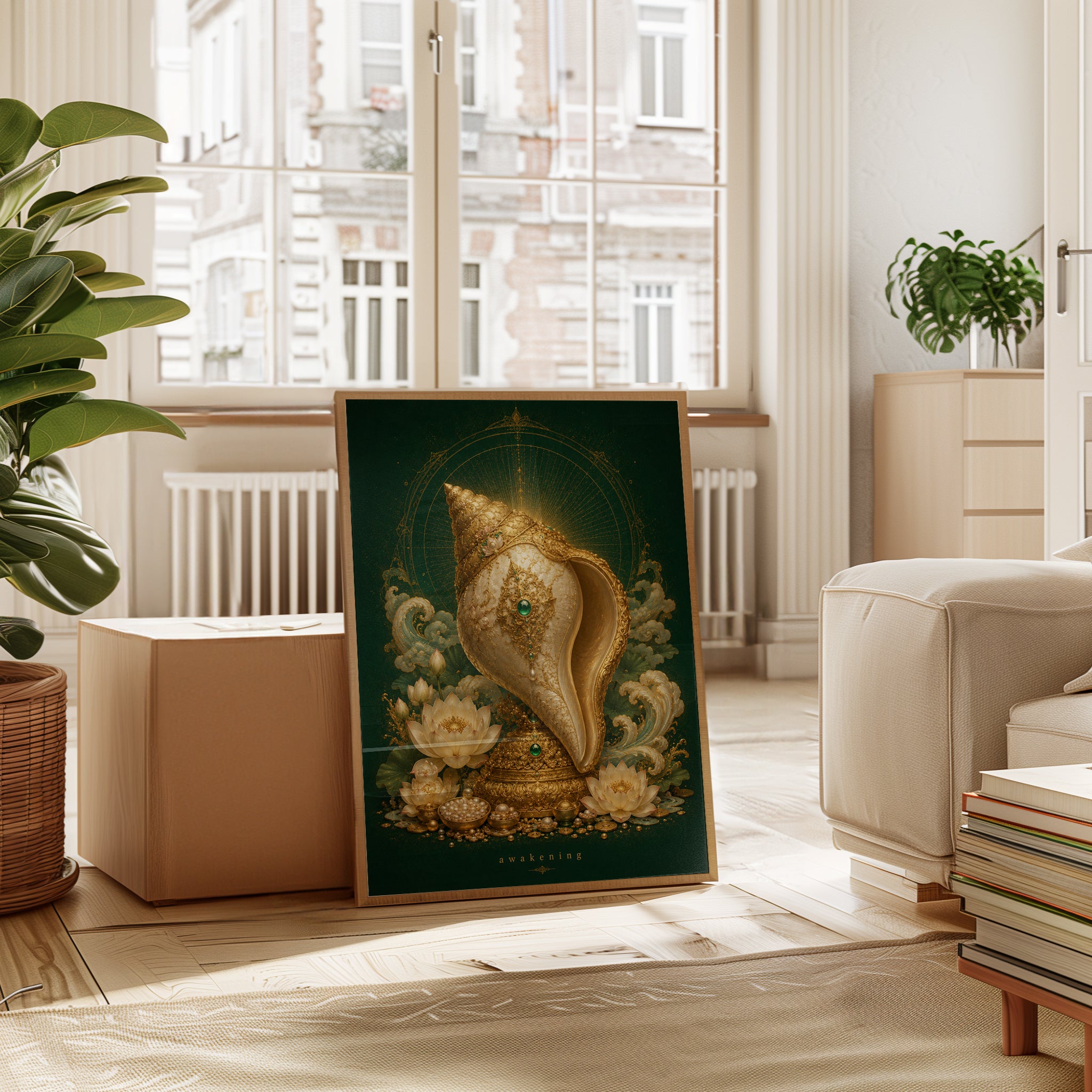 Lotus Flower Wall Art – Gold Conch Shell Print - interior