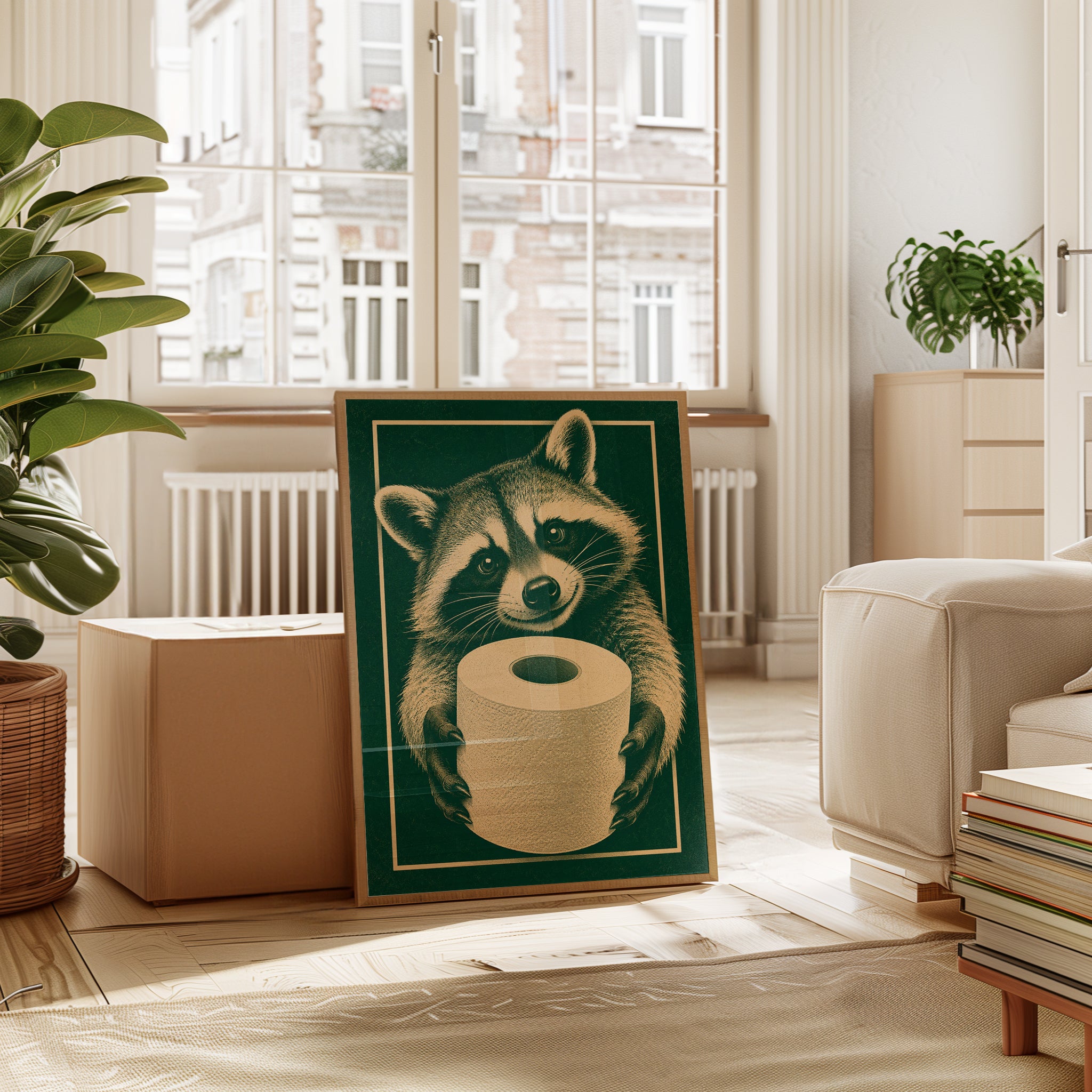 Raccoon Vintage Print: Retro Bathroom Art in Green and Cream - interior