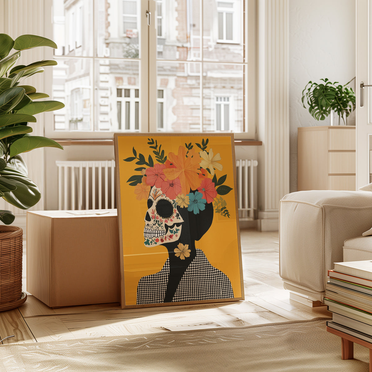Sugar Skull Art Print: Day of the Dead Floral Design (Unframed) - interior