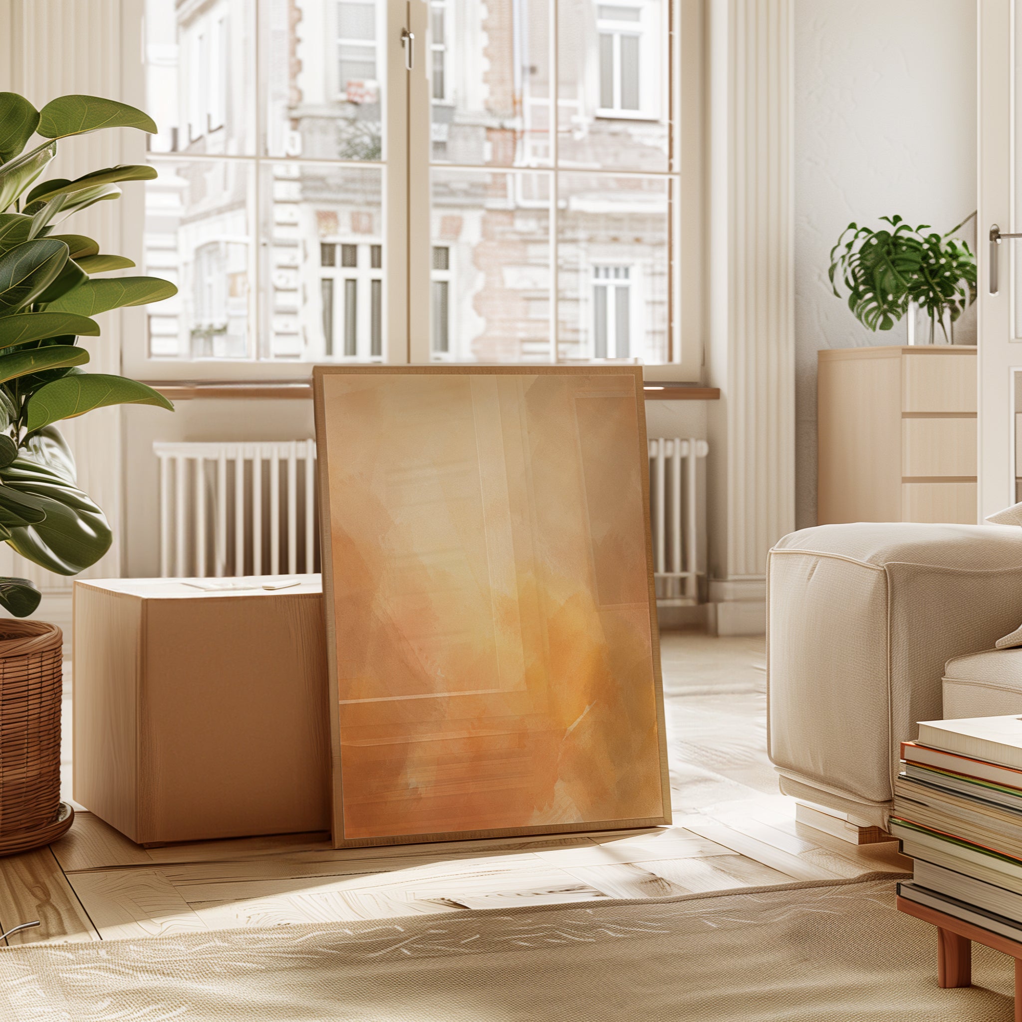 Abstract Peach Sunset Wall Art: Soft Watercolor Brushstrokes - interior