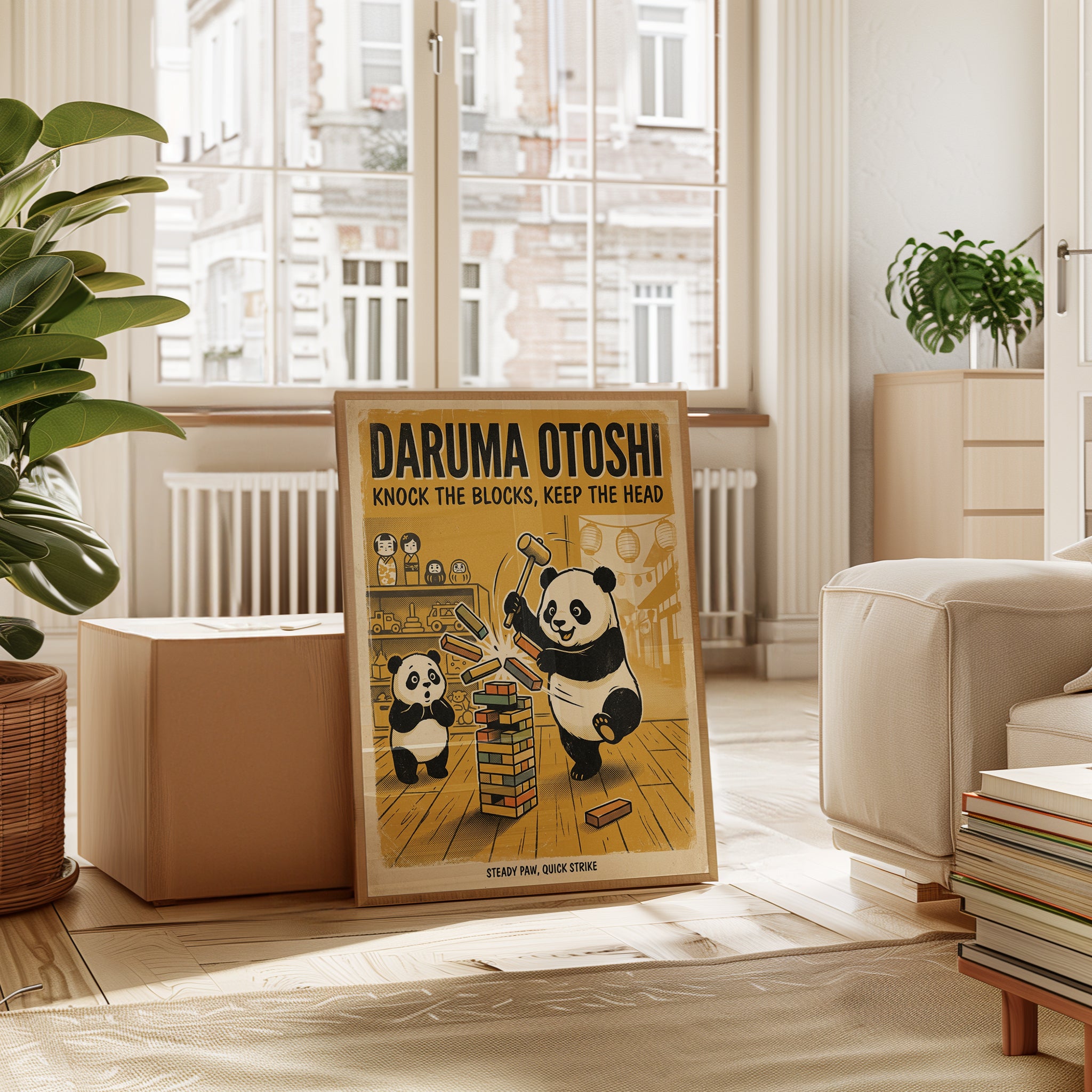 Daruma Otoshi Panda Poster: Vintage Japanese Game Art Print - interior