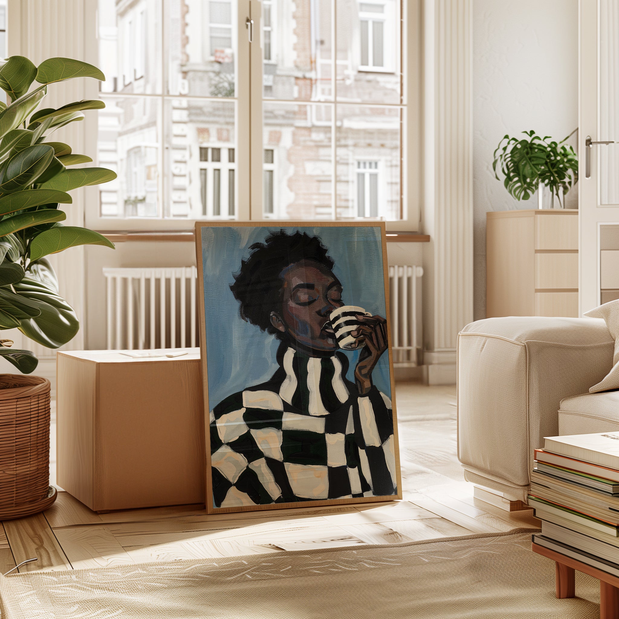 Black Woman Portrait Print: Cozy Striped Sweater (Bedroom or Kitchen D - interior
