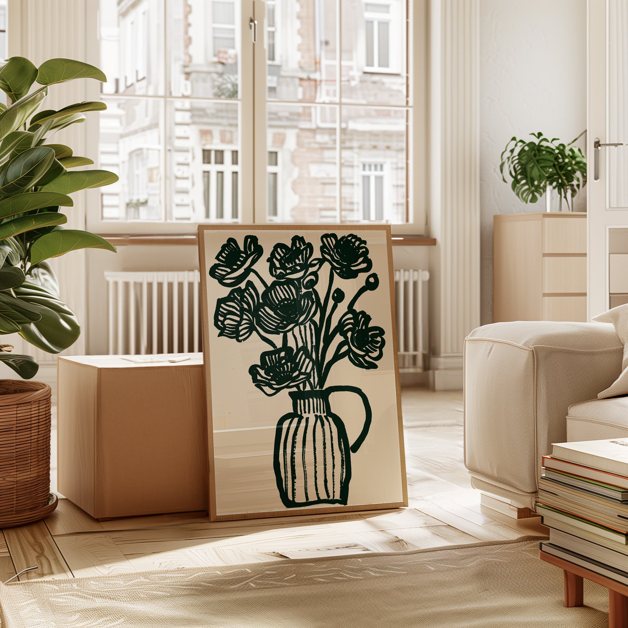 Botanical Wall Art Print: Black Flowers in Striped Vase - interior