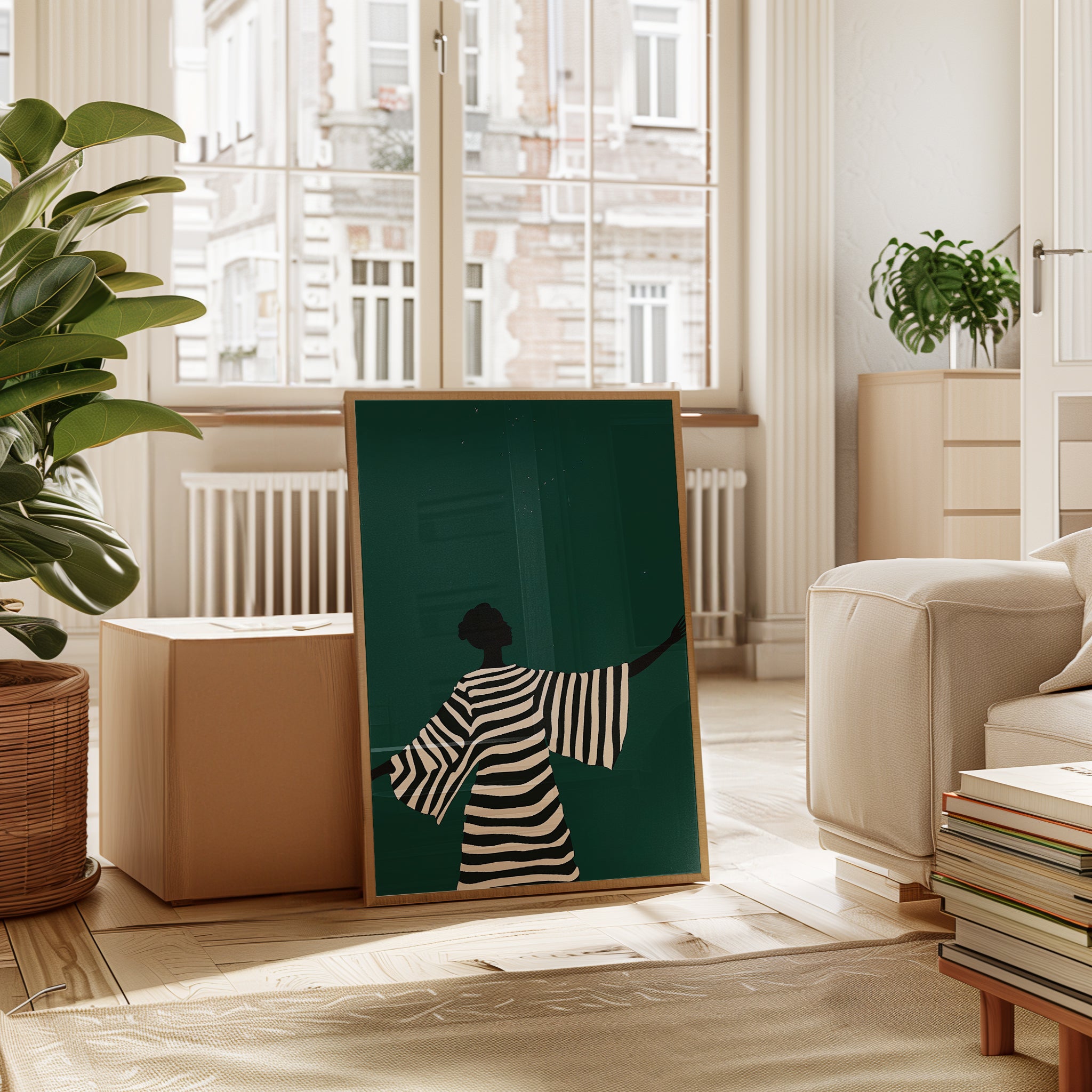 Fashion Wall Art Print: Minimalist Striped Silhouette (Emerald Green) - interior