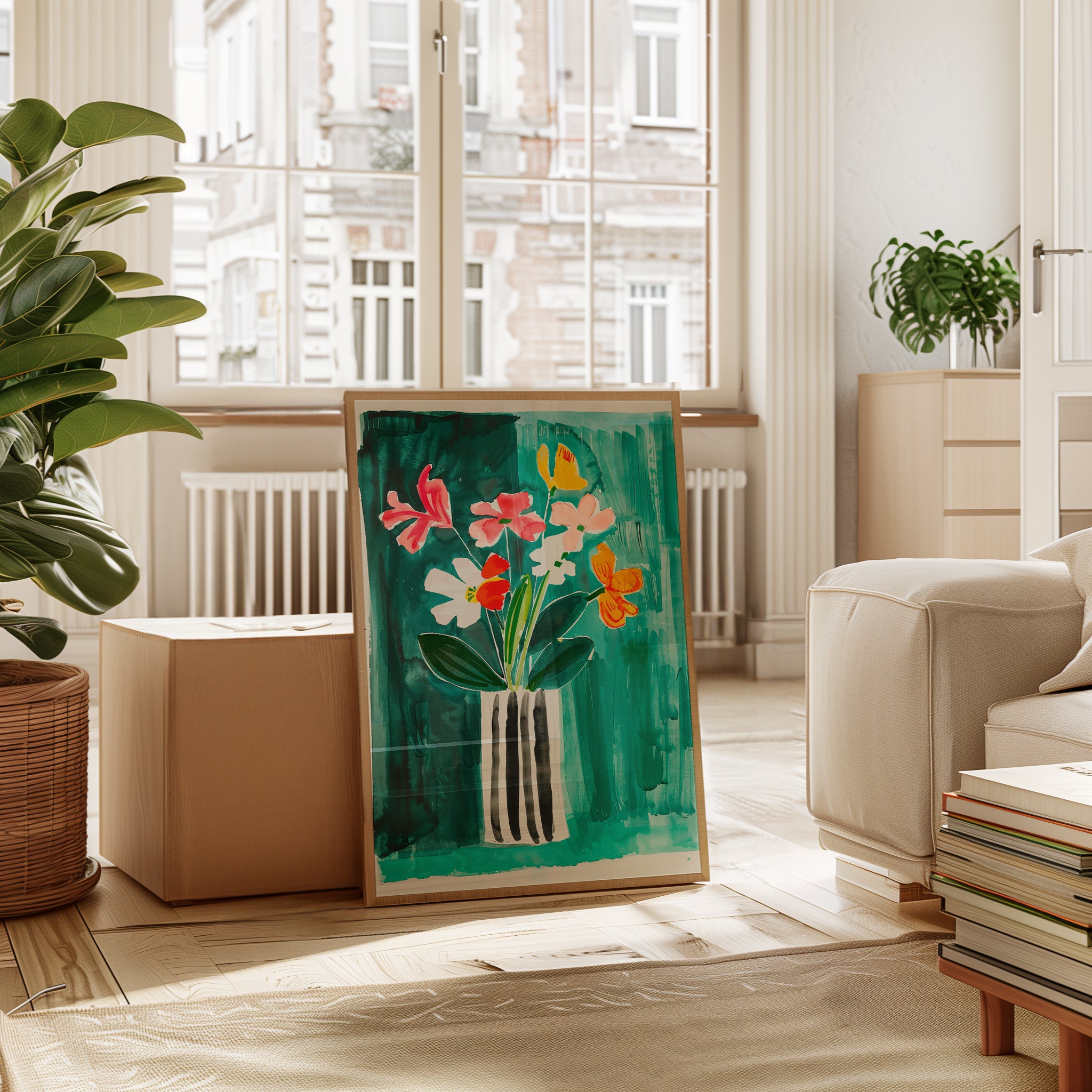 Floral Wall Art Print: Vibrant Flowers on Teal Background - interior