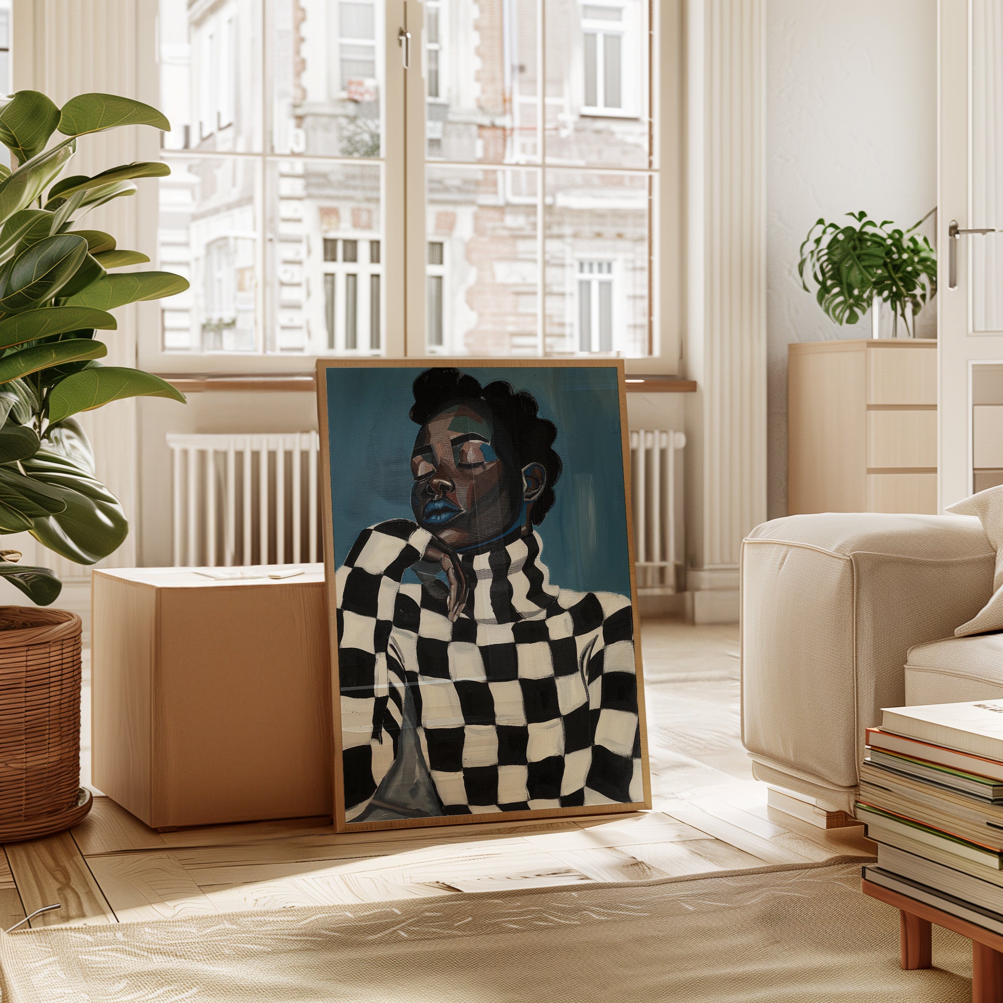 Fashion Portrait Print: Black Woman with Blue Lips and Checkered - interior