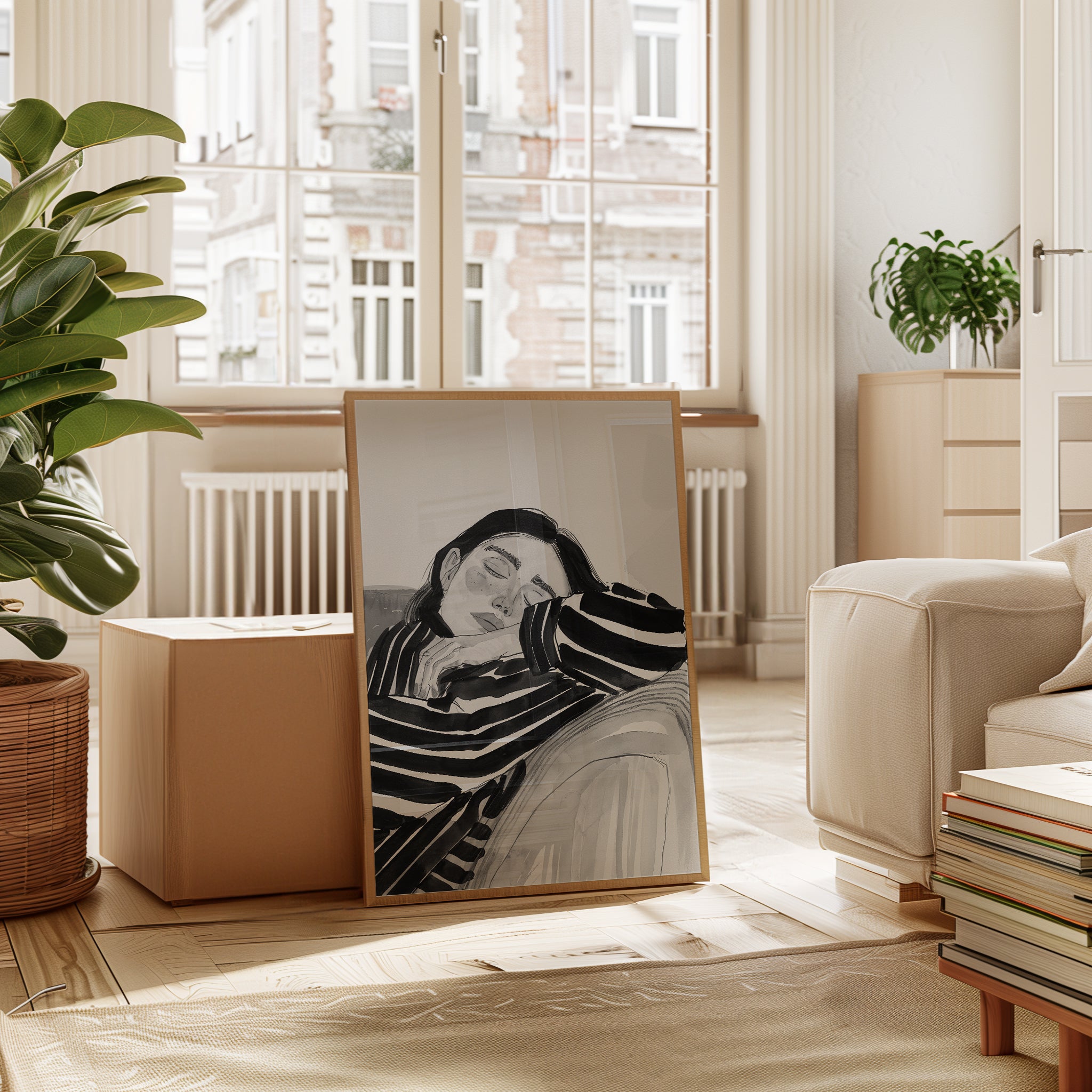 Resting Woman Print: Minimalist Black and White Art (Unframed) - interior