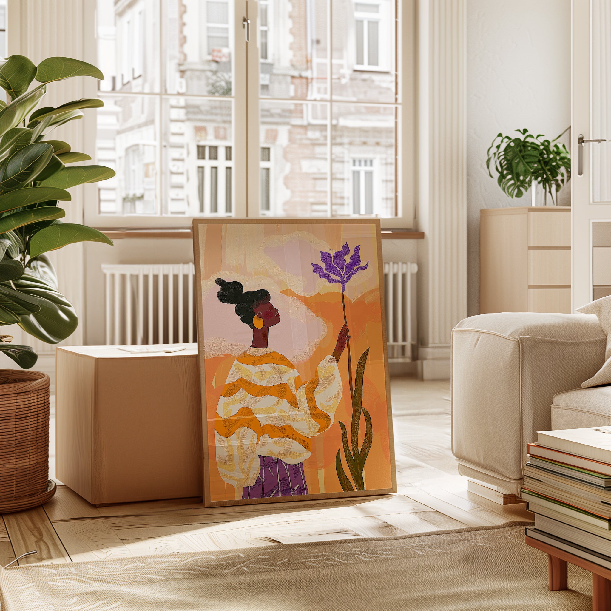 African Woman Art Print: Colorful Portrait with Purple Flower - interior