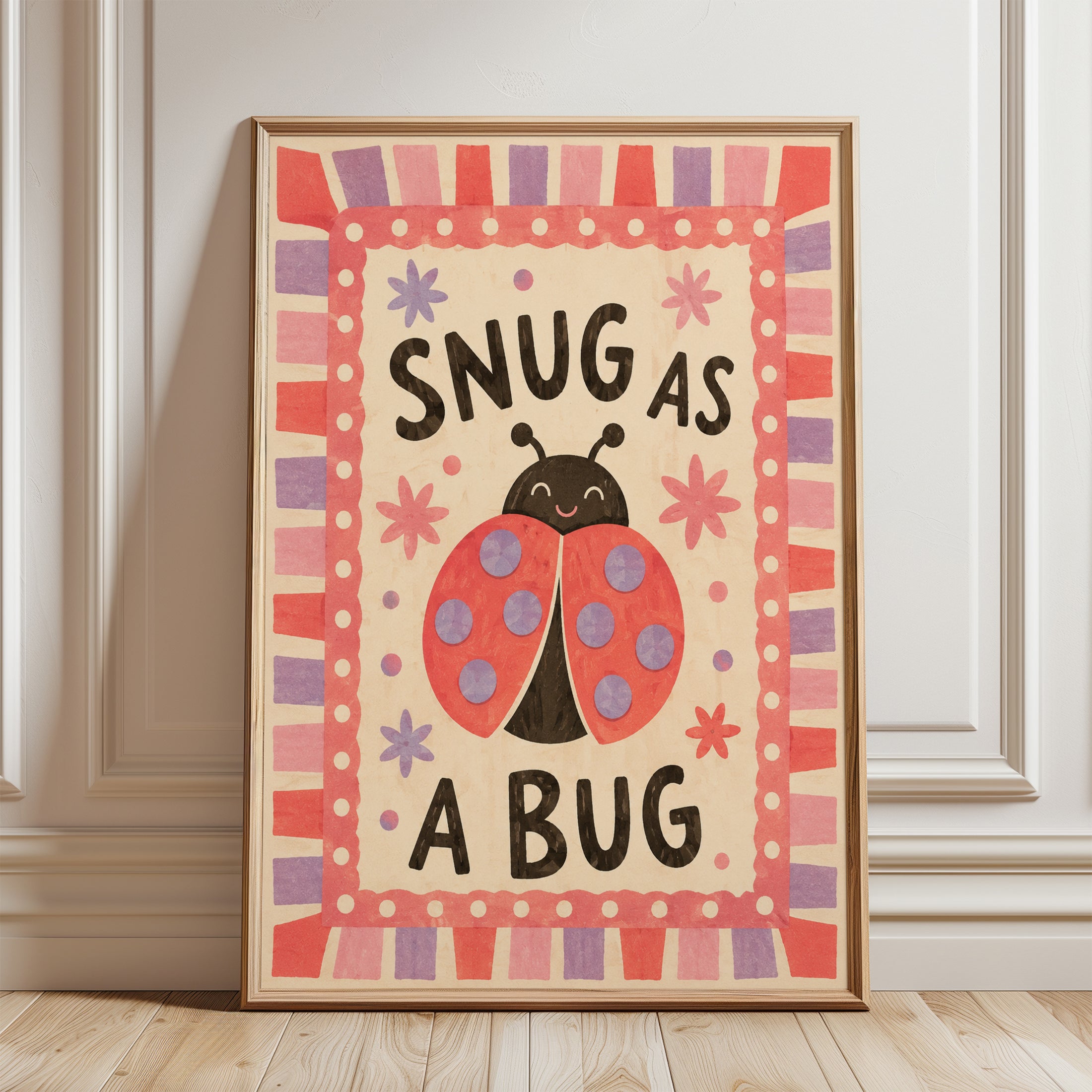 Snug As A Bug Ladybug Print: Whimsical Nursery Wall Art - framed detail