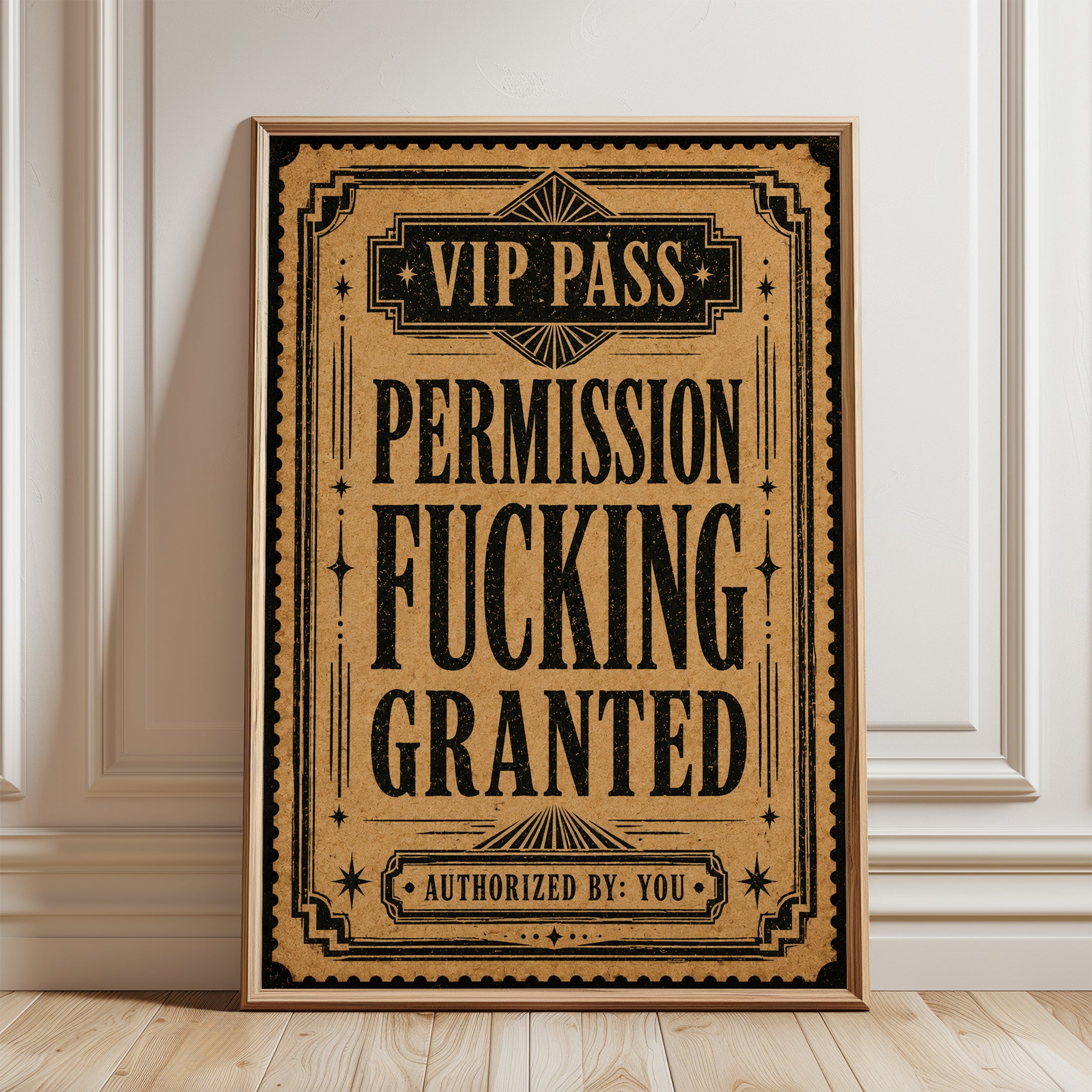 Funny Bathroom Wall Art – VIP Pass Print - framed detail