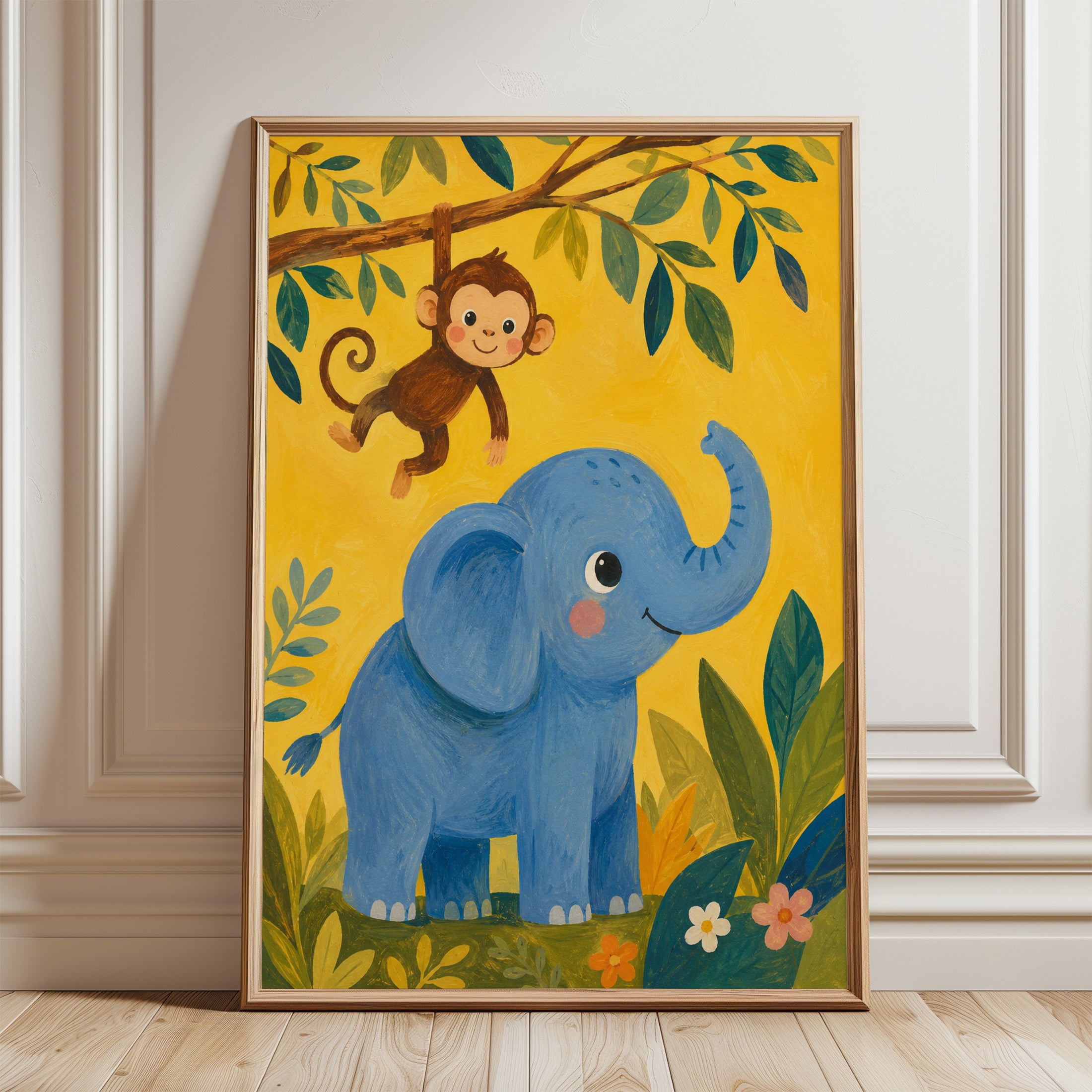 Jungle Nursery Wall Art – Elephant Monkey Print - framed detail