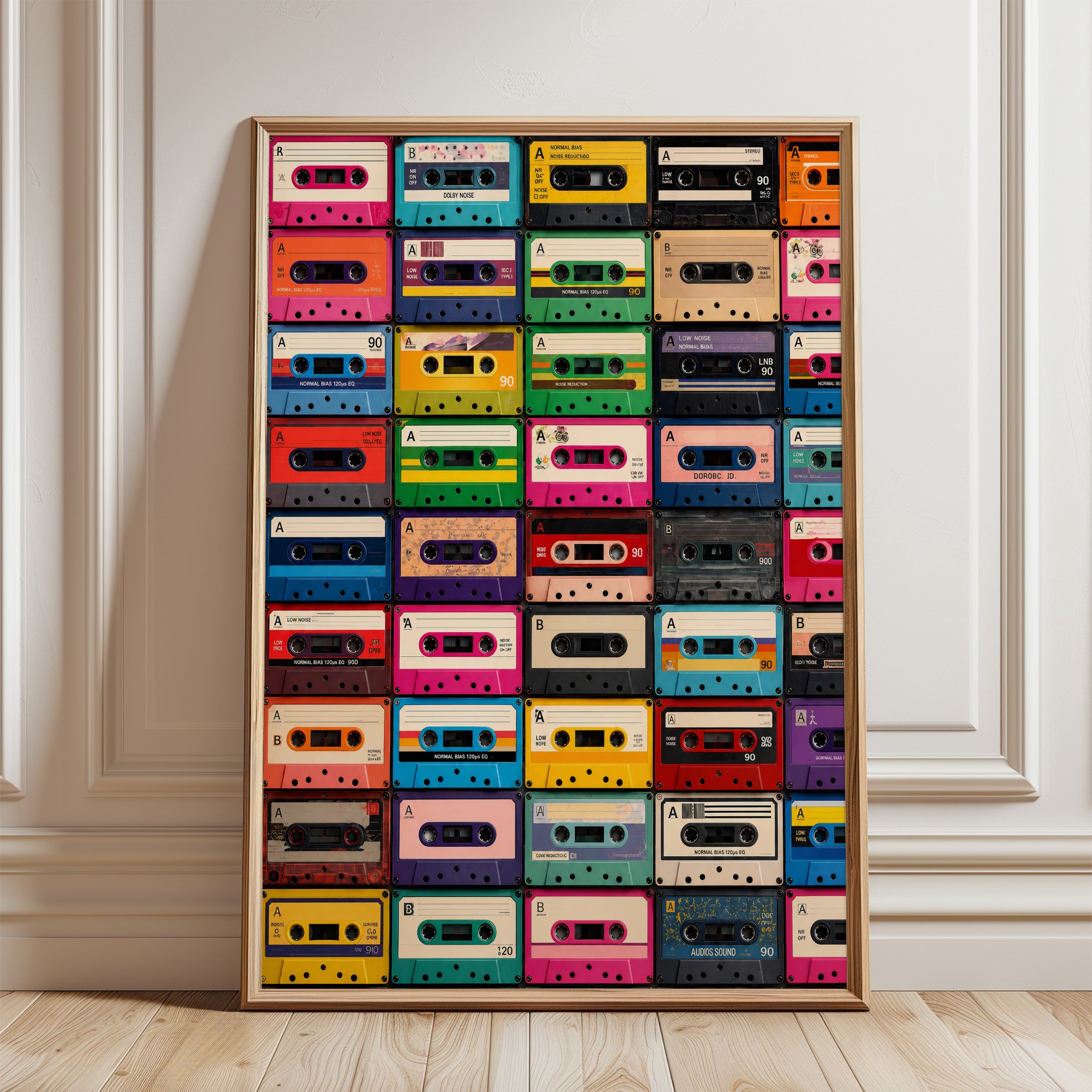 Retro Cassette Tape Print: Colorful 80s 90s Music Wall Art - framed detail