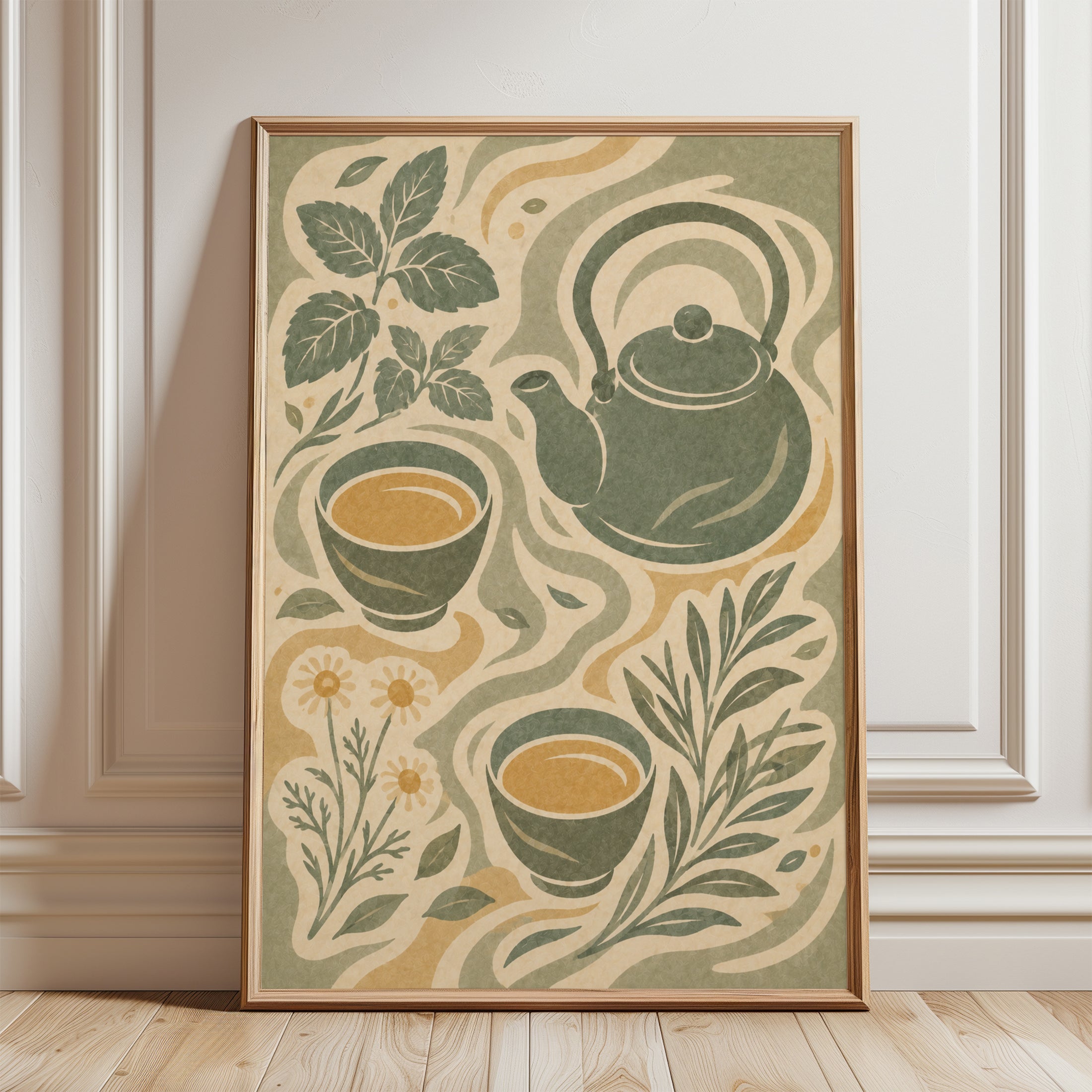 Herbal Tea Ceremony Art Print: Vintage Botanical Kitchen Poster - framed detail