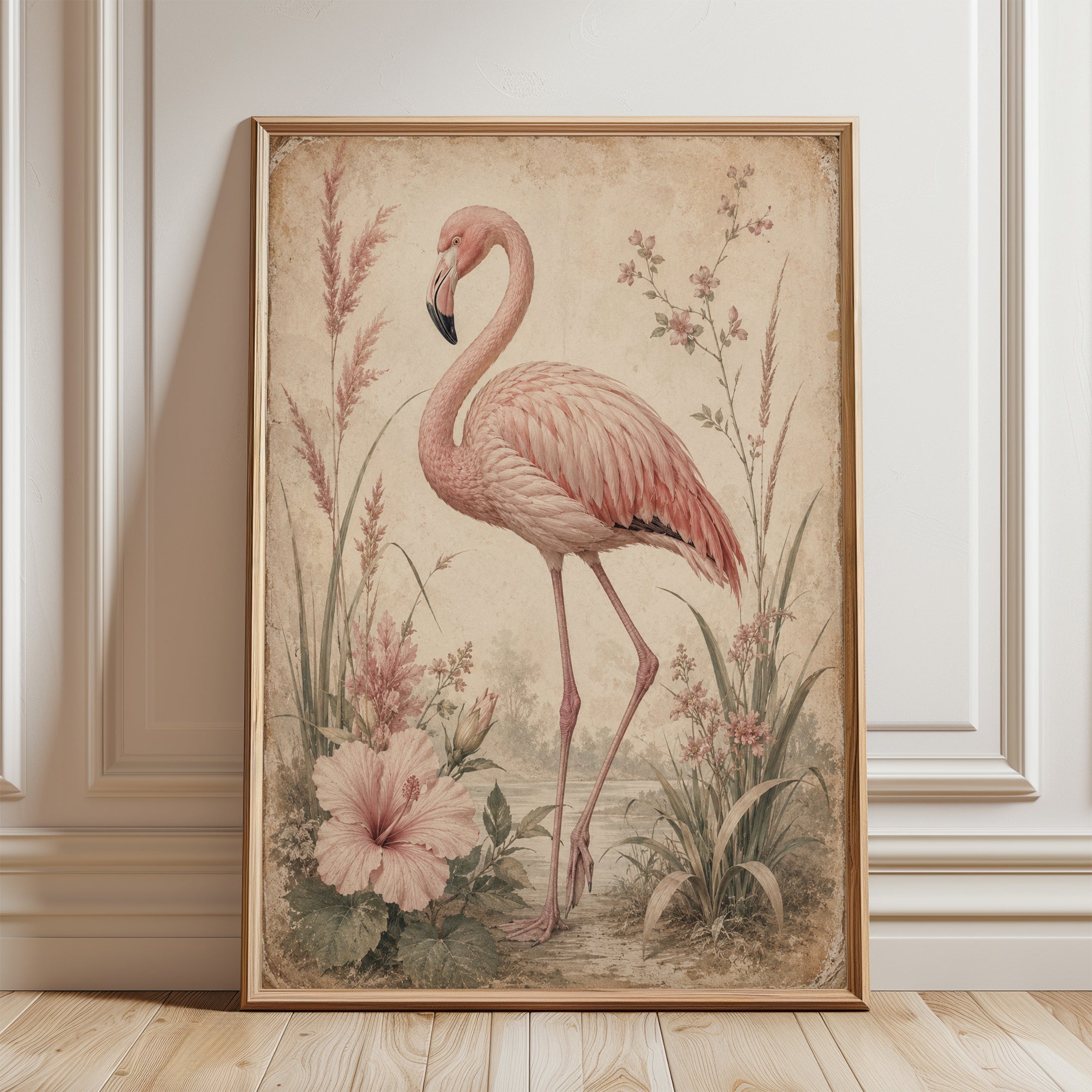 Flamingo Botanical Print – Vintage Bird Wall Art - framed detail