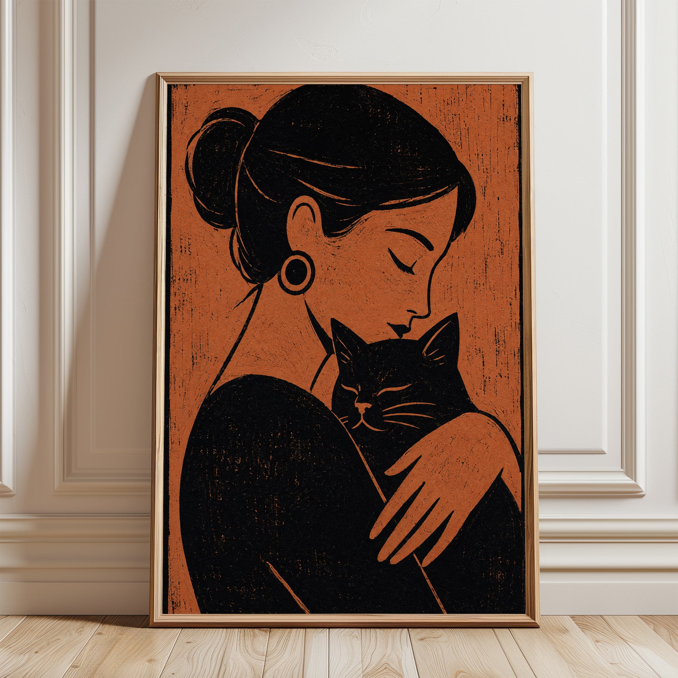 Woman with Cat Print – Retro Block Print - framed detail