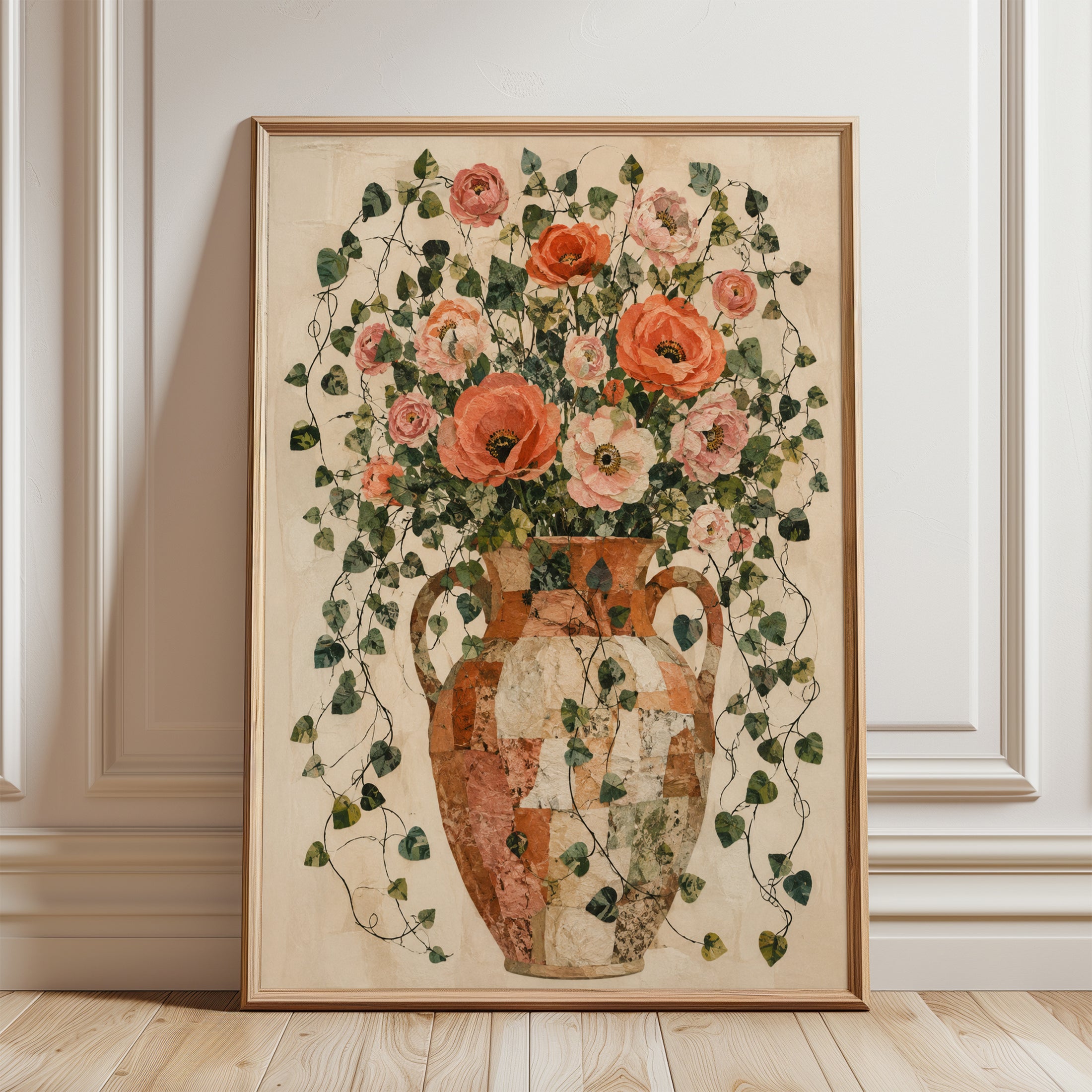 Coral Poppies and Roses in Terracotta Vase: Botanical Wall Art - framed detail
