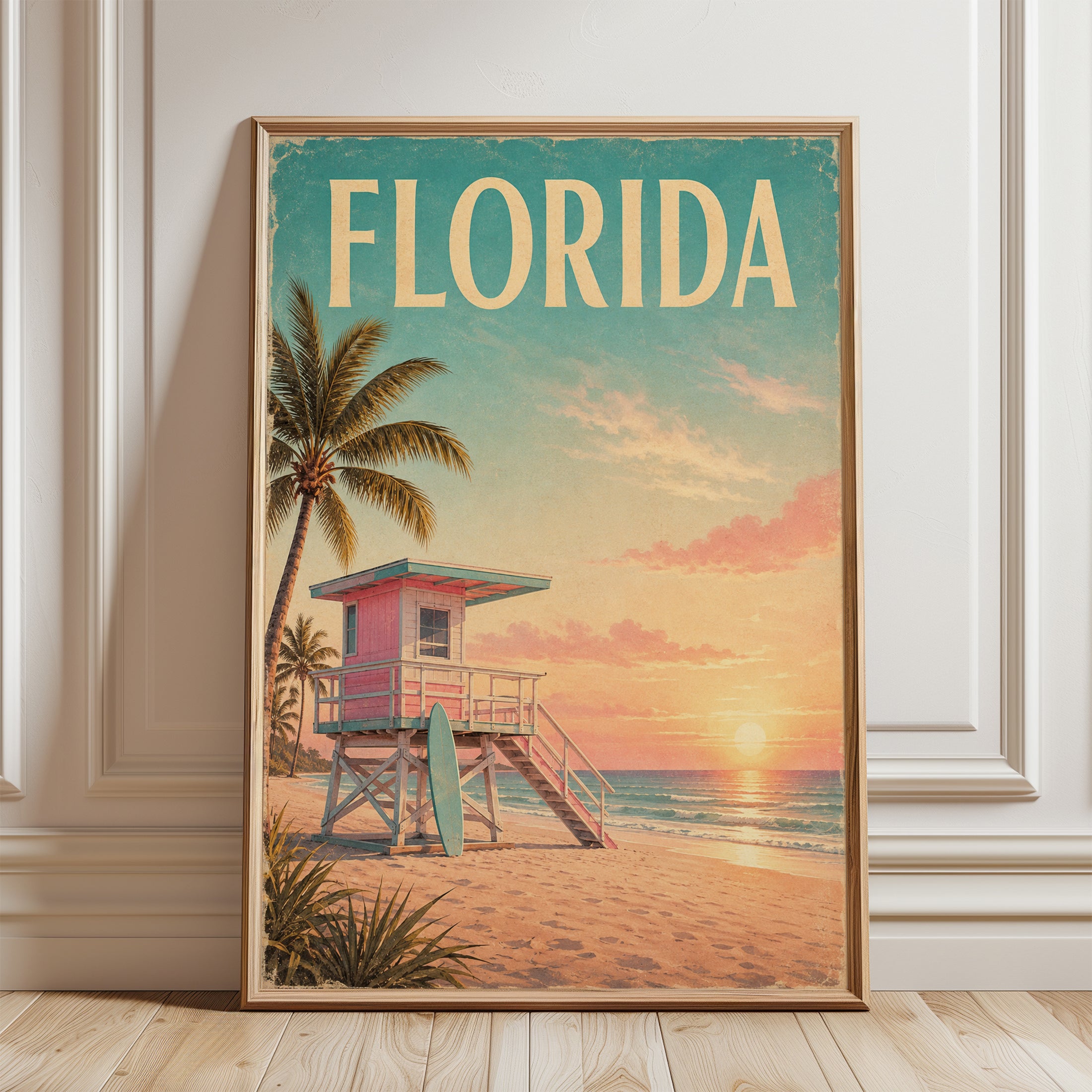 Florida Travel Poster – Vintage Beach Print - framed detail