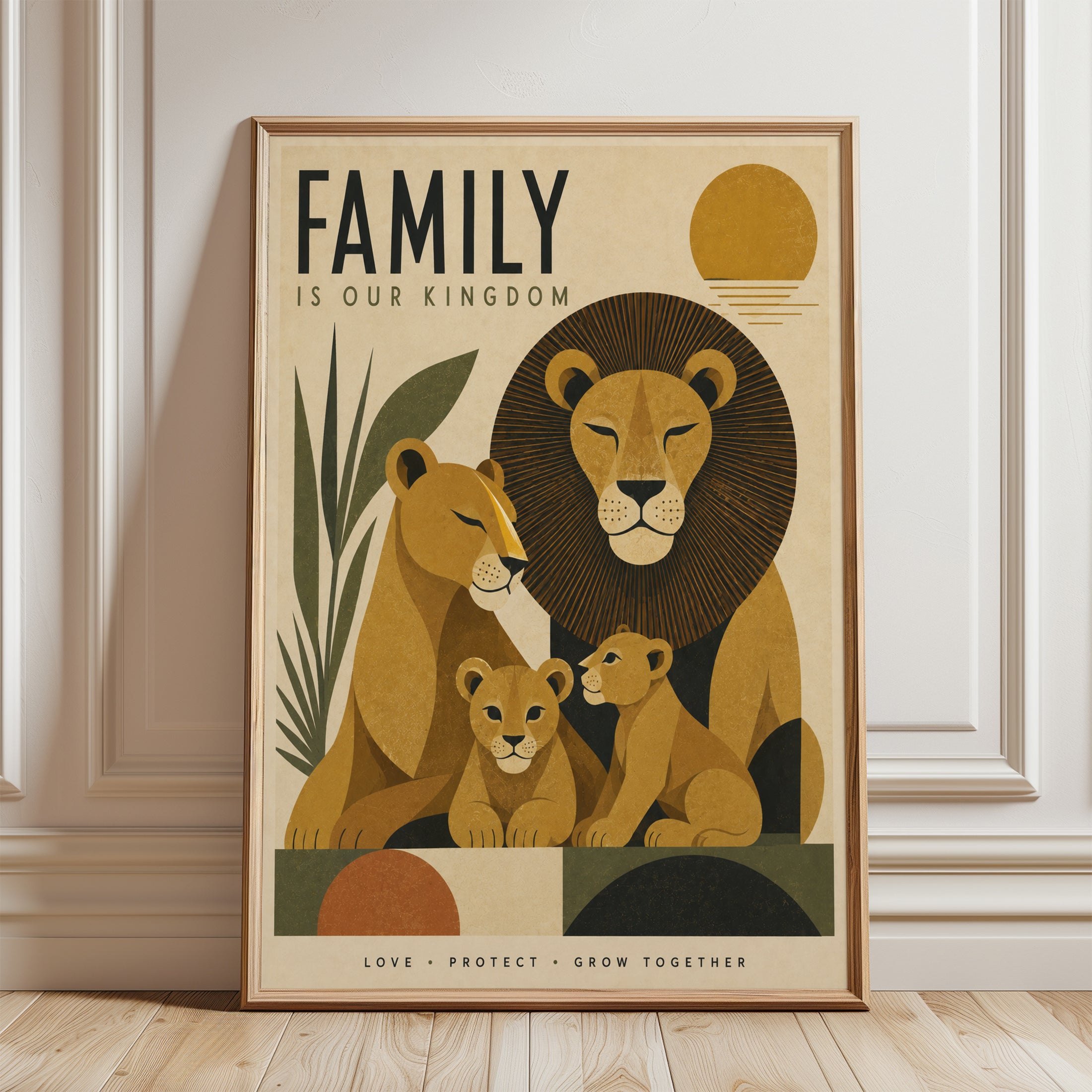 Lion Family Wall Art – Nursery Animal Print - framed detail