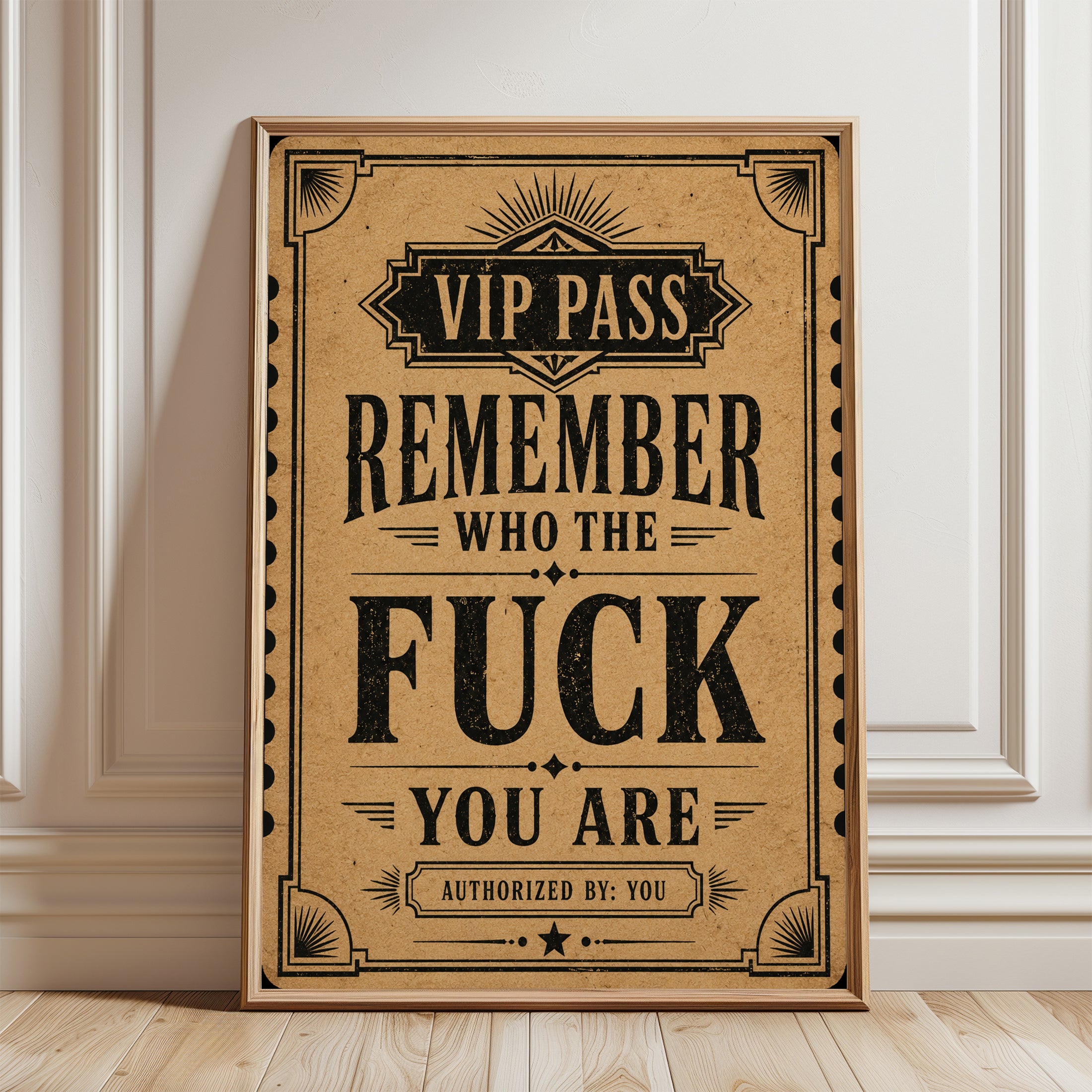 Funny Bathroom Wall Art – VIP Pass Humor Print - framed detail