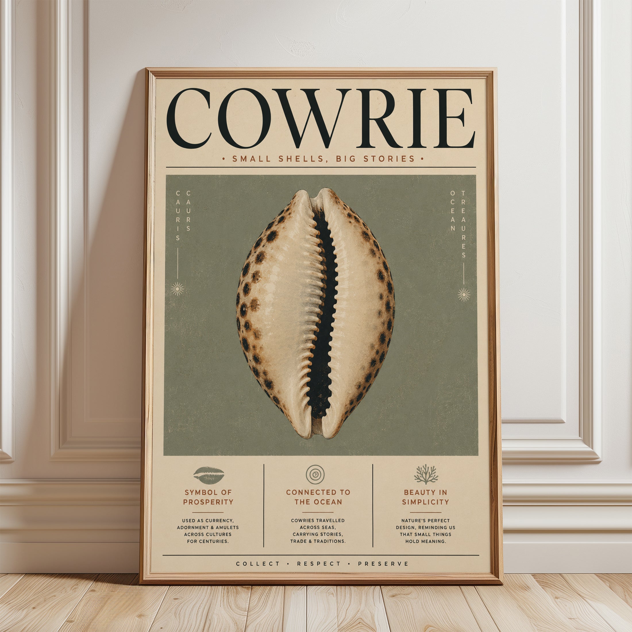 Cowrie Shell Wall Art – Coastal Decor Print - framed detail