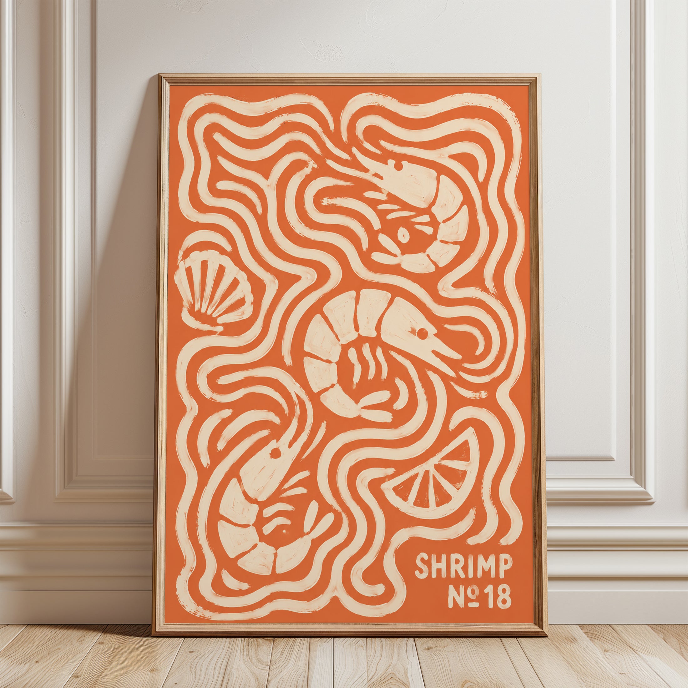 Shrimp Kitchen Wall Art – Coastal Food Print - framed detail
