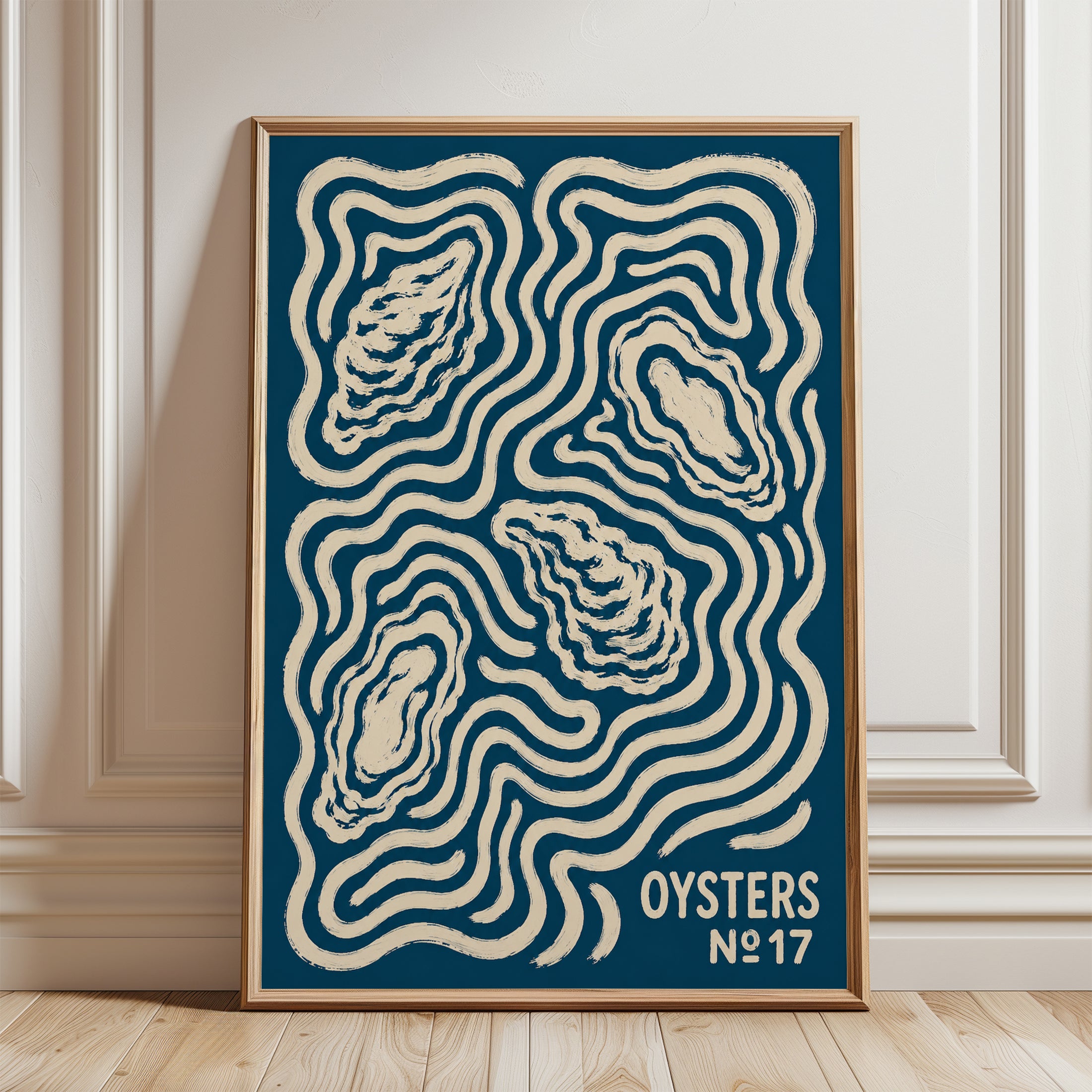 Oyster Topography Art Print: Abstract Contour Map in Navy Blue - framed detail