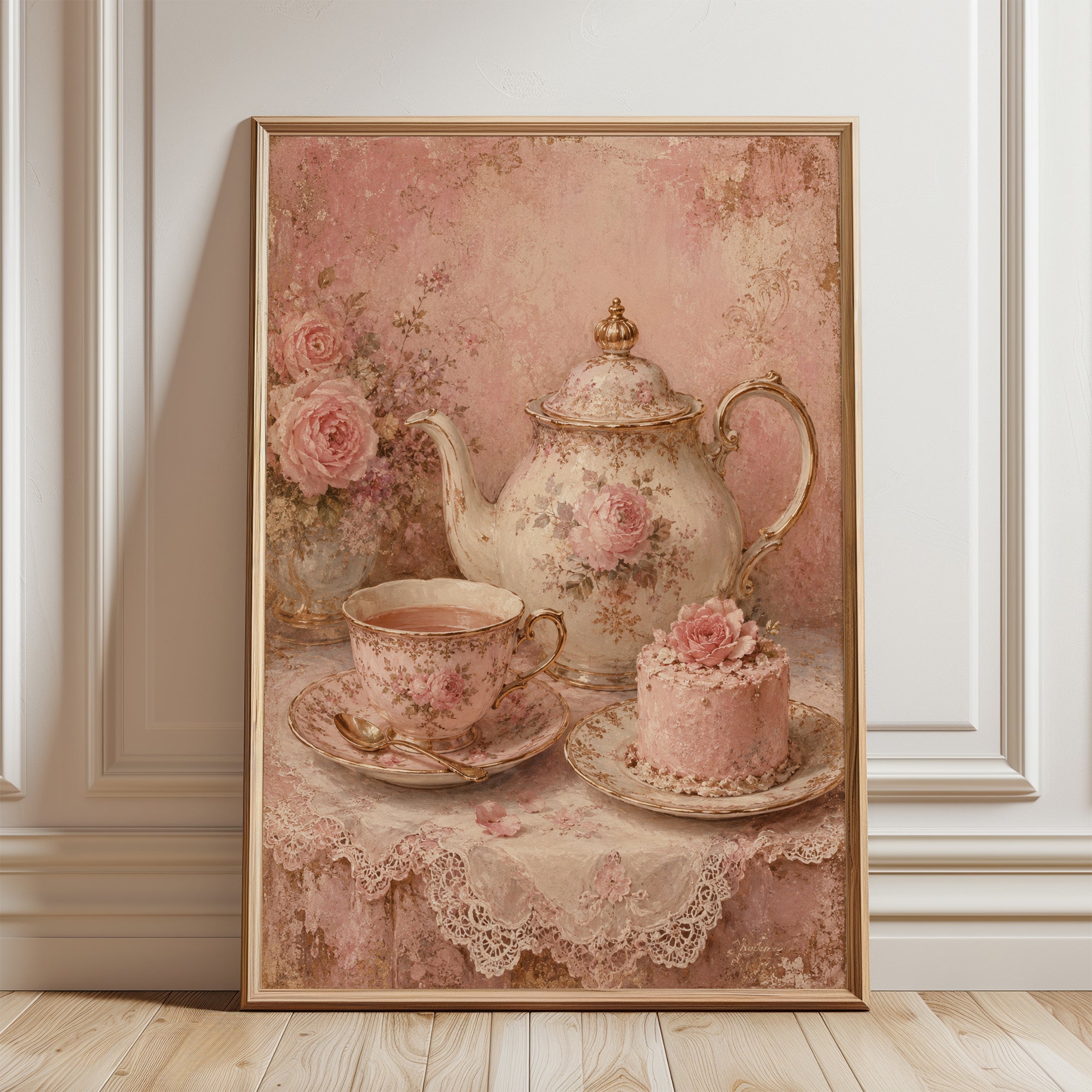 Vintage Tea Party Print – Pink Floral Wall Art - framed detail