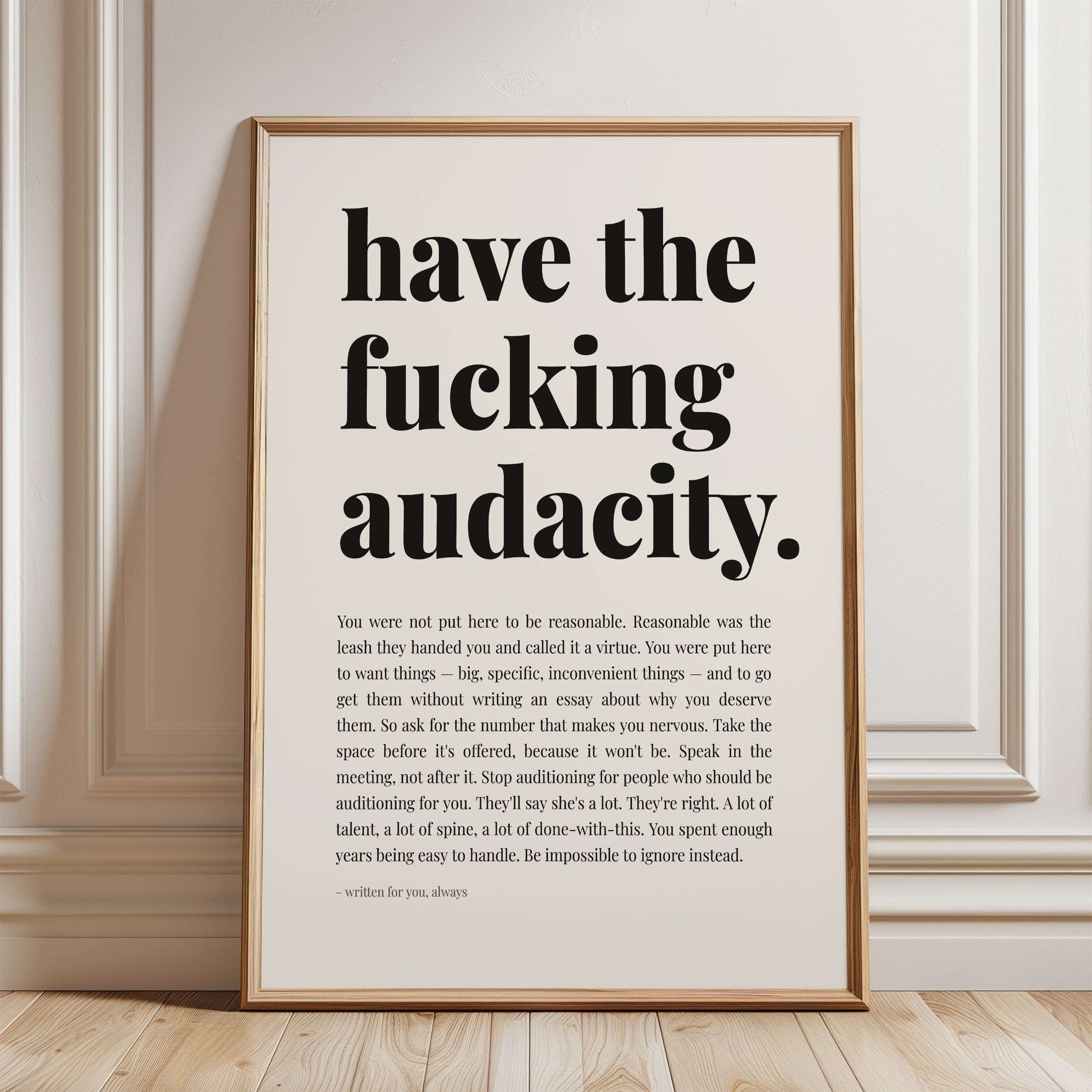 Motivational Quote Print – Audacity Wall Art - framed detail