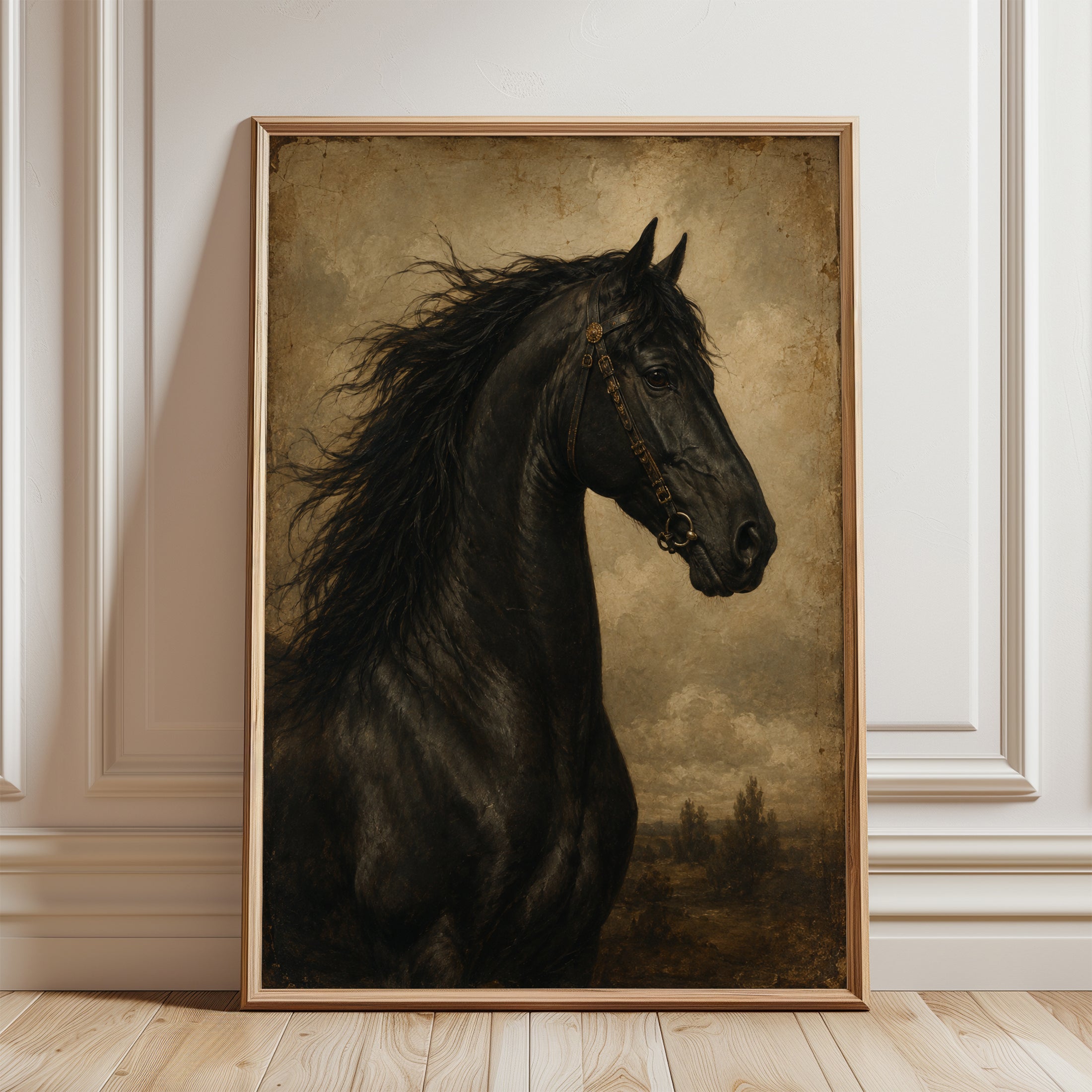 Black Horse Wall Art – Vintage Equestrian Print - framed detail