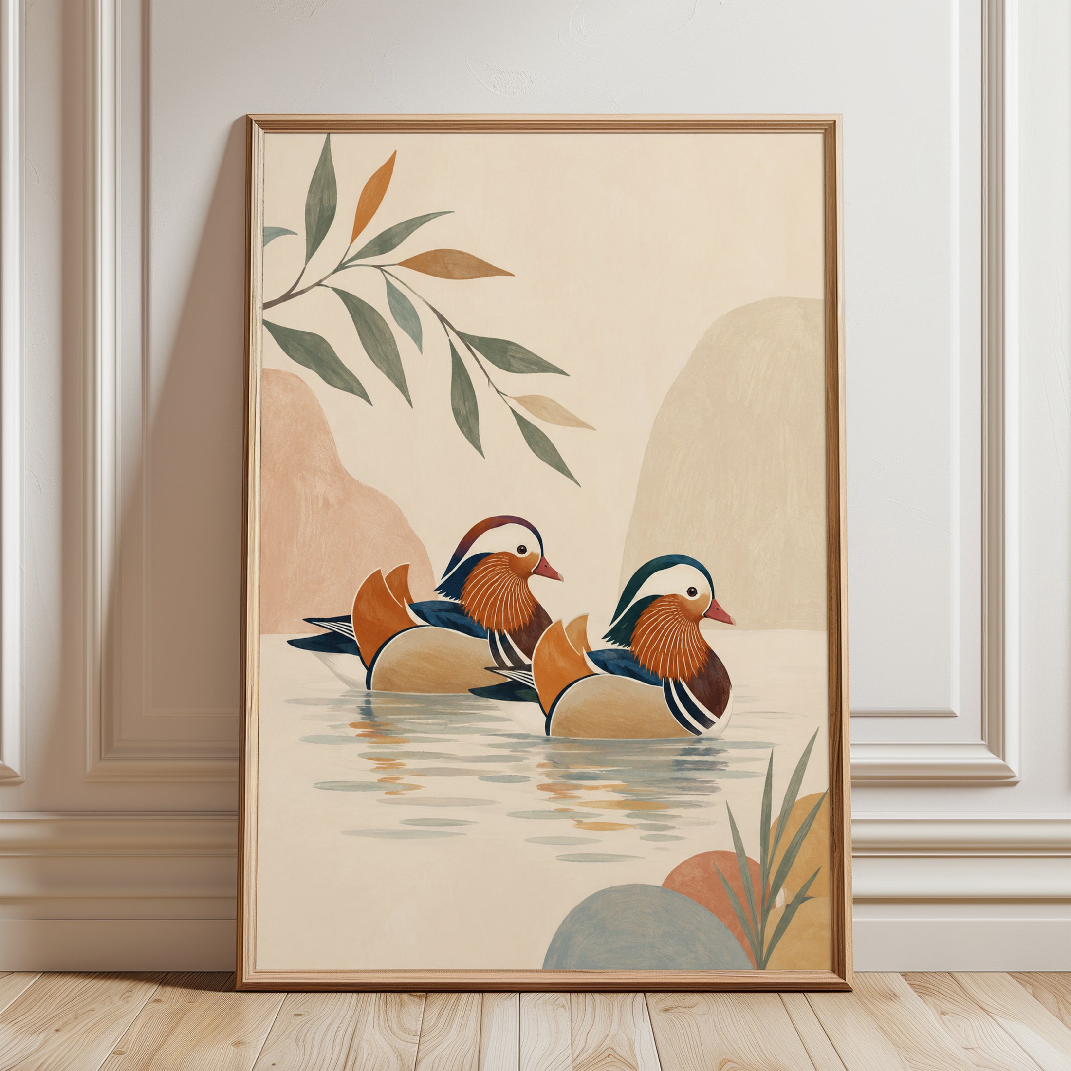 Mandarin Ducks Wall Art: Minimalist Asian Inspired Design - framed detail