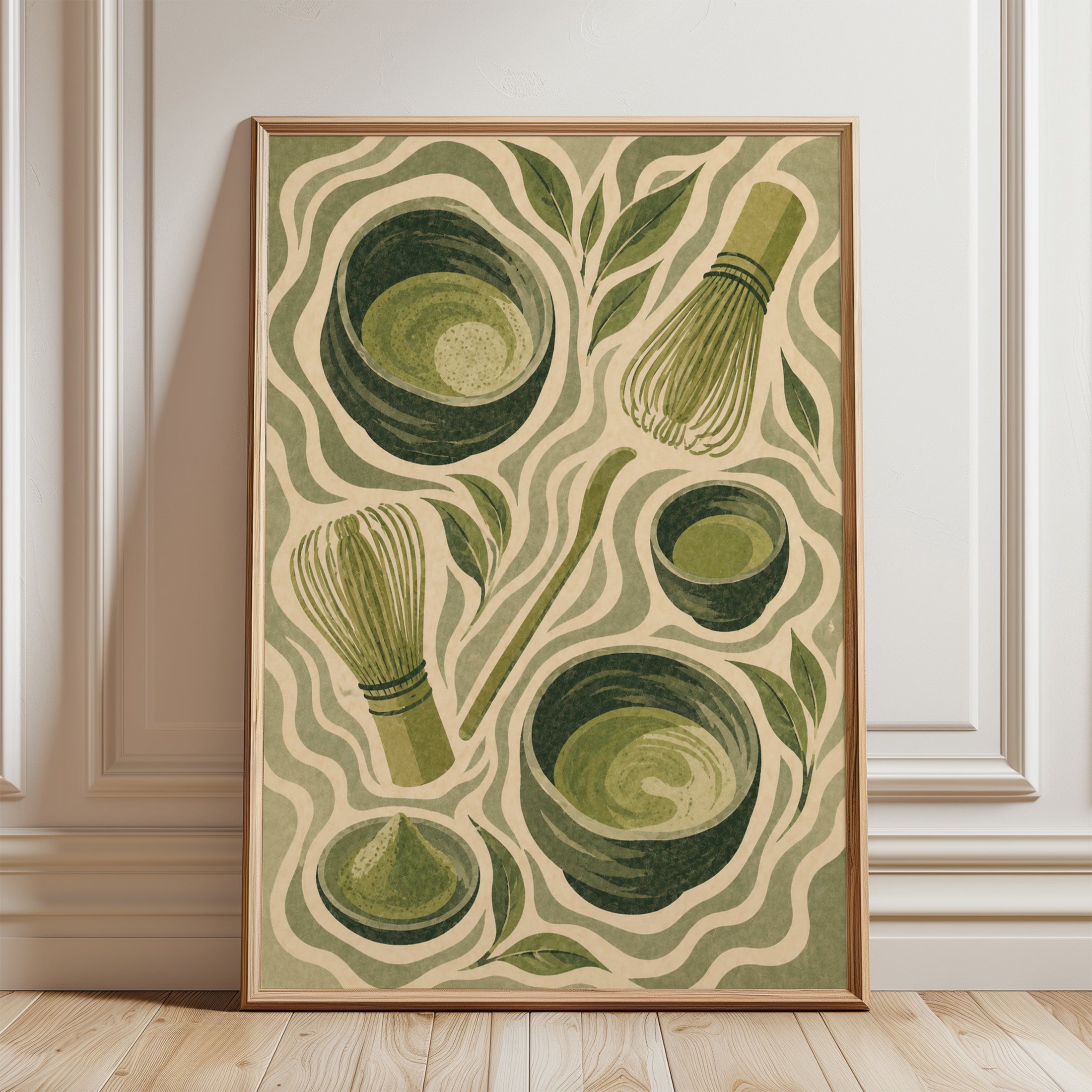 Matcha Tea Ceremony Art Print: Art Nouveau Green Kitchen Decor - framed detail