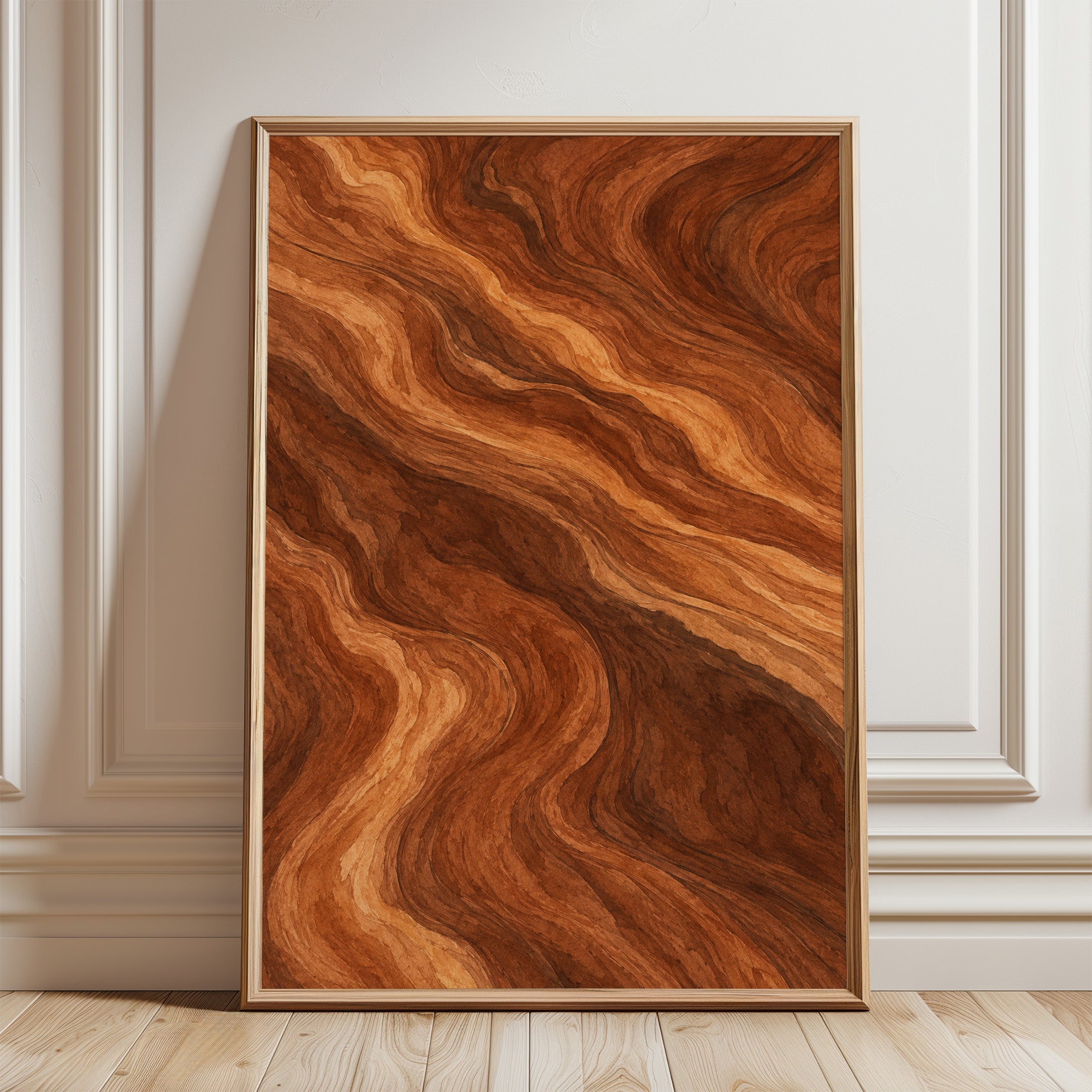 Abstract Wood Grain Wall Art: Organic Brown Swirl Pattern - framed detail
