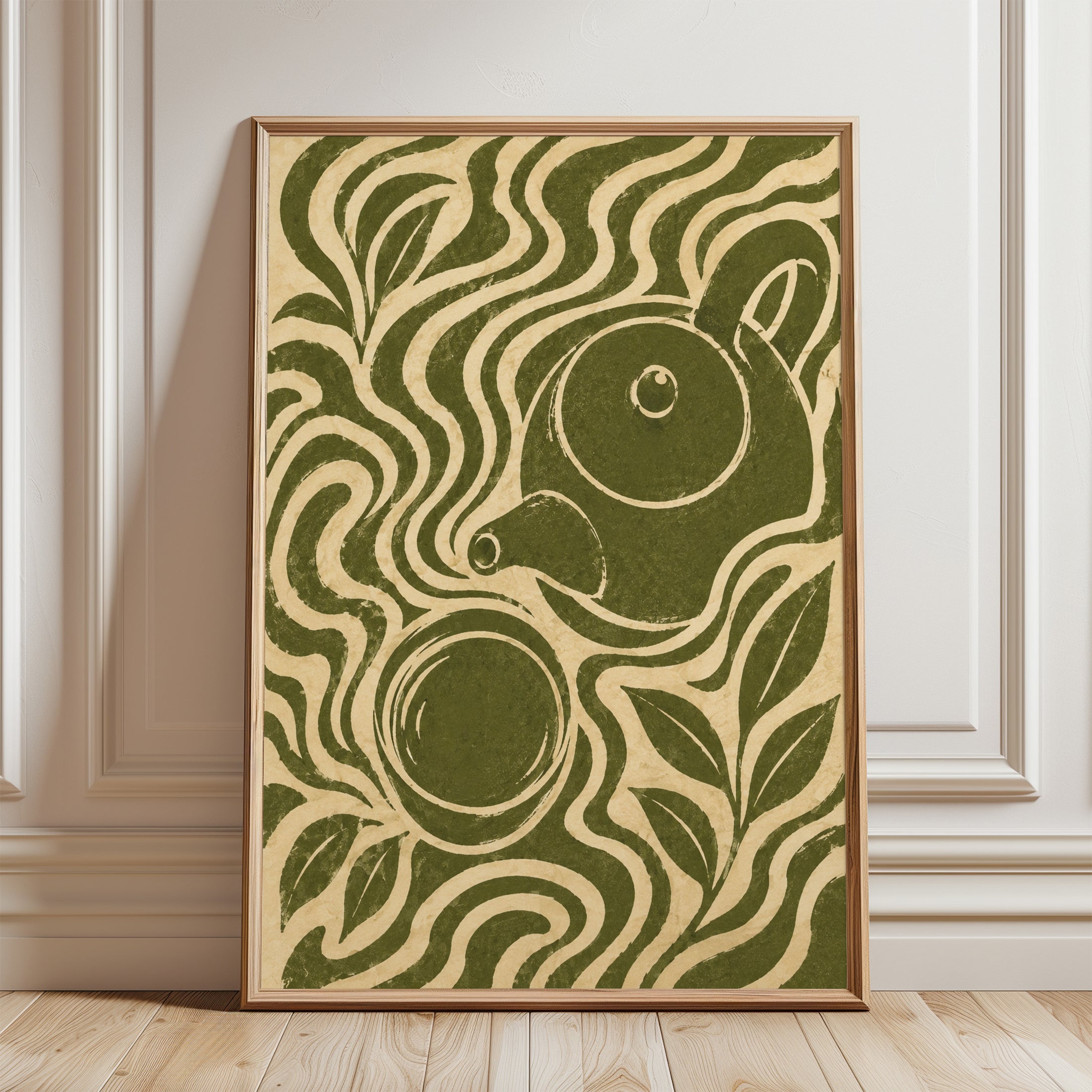 Art Nouveau Bird Print: Olive Green Decorative Design - framed detail