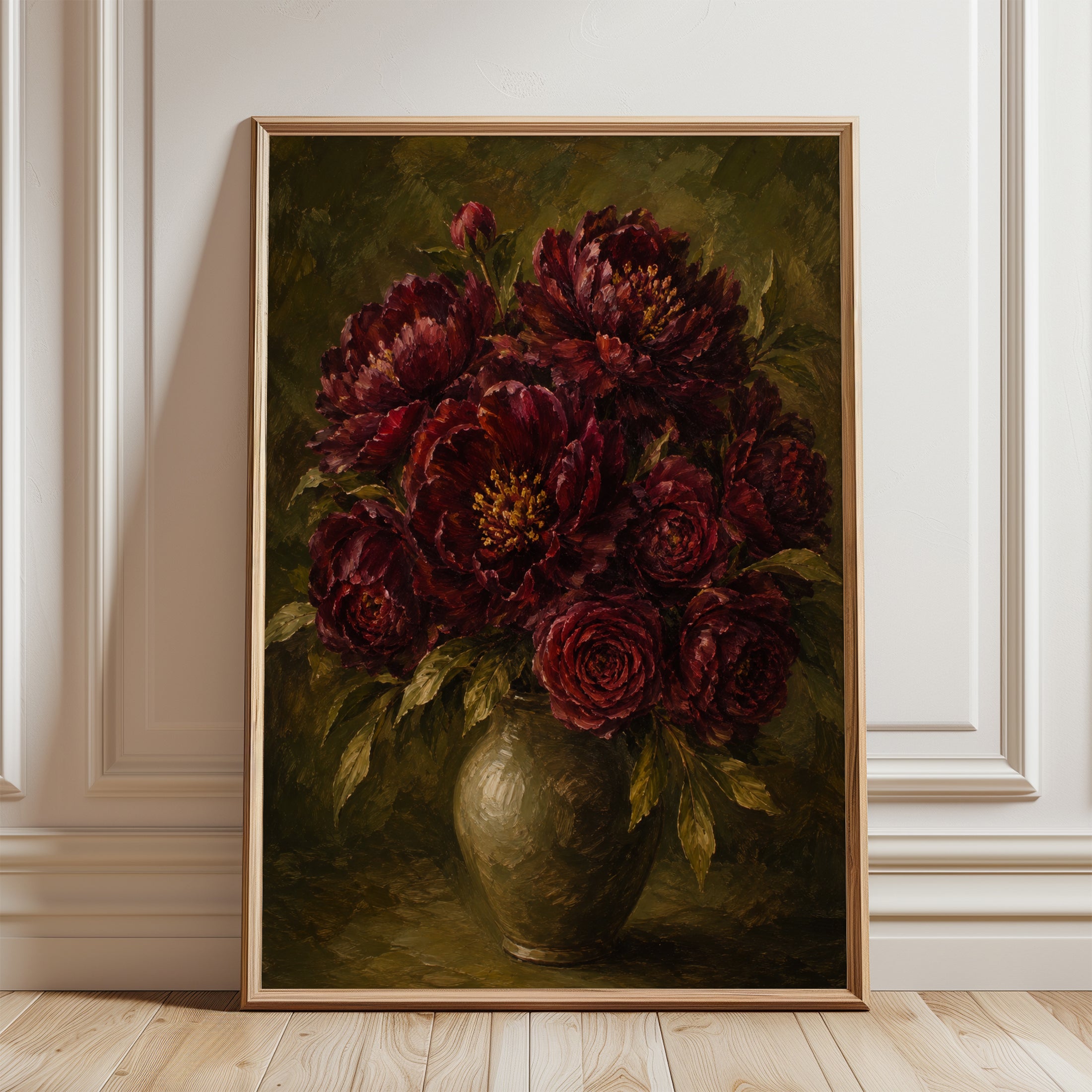 Dark Floral Wall Art – Burgundy Peony Print - framed detail