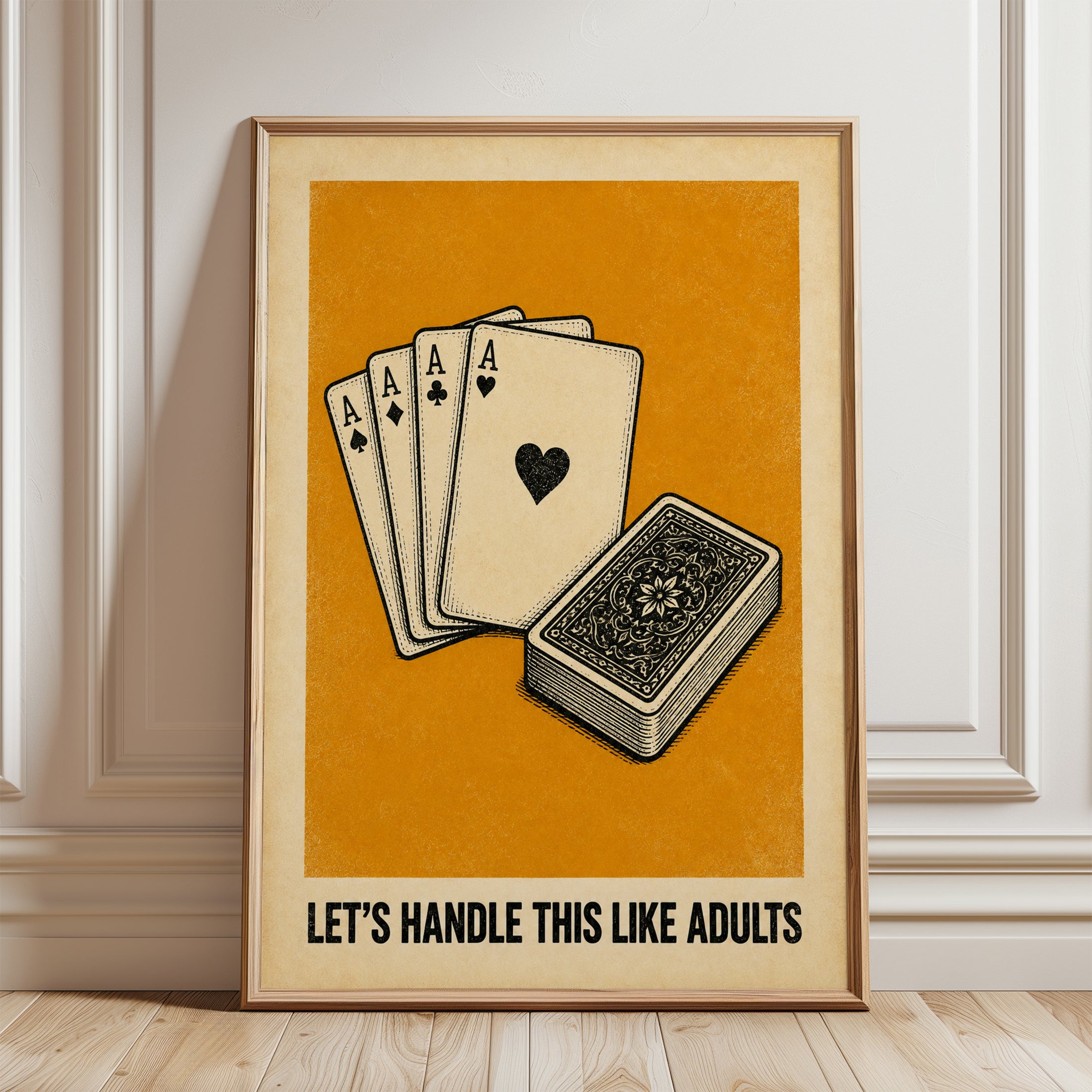 Vintage Poker Aces Playing Cards: Retro Orange Wall Art - framed detail