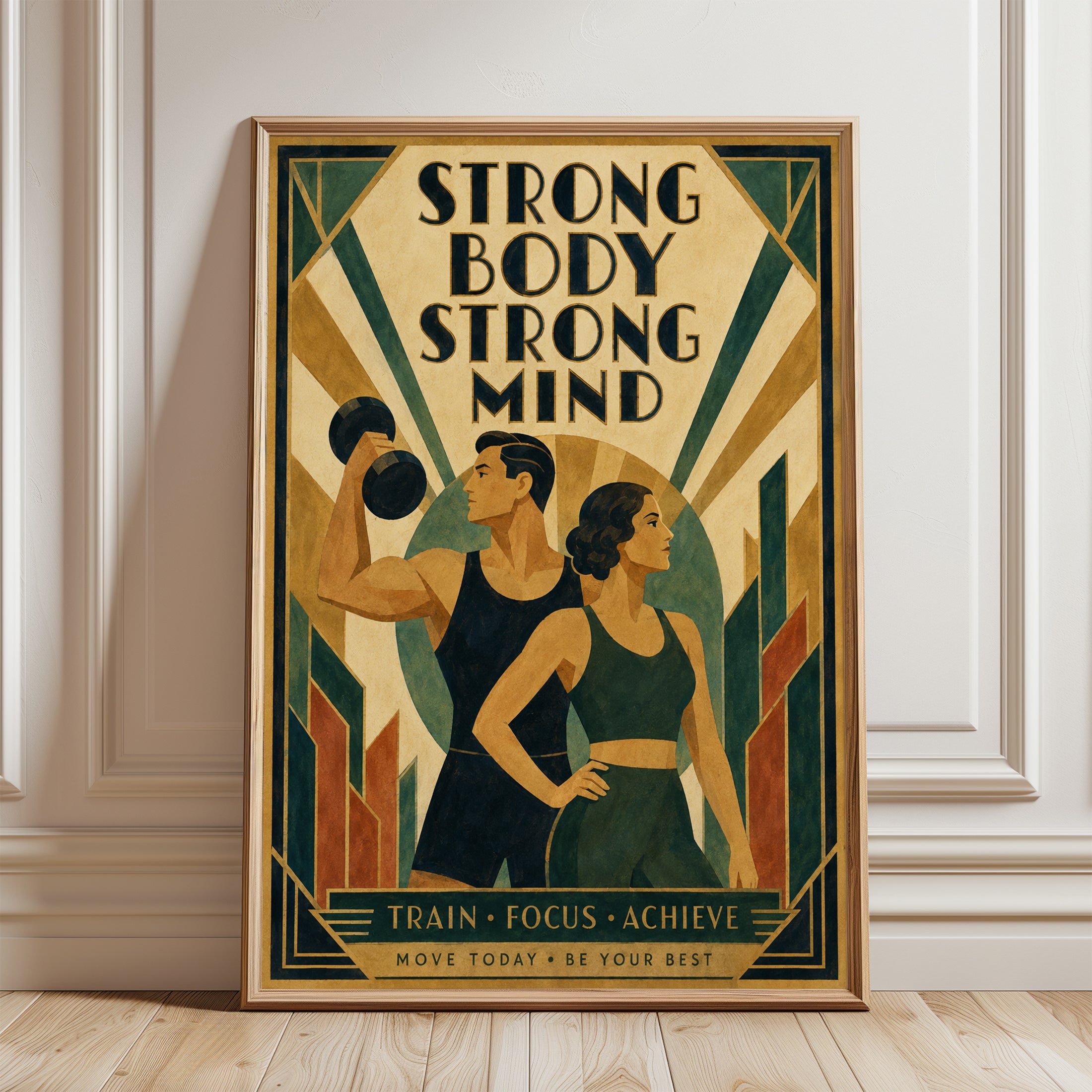Art Deco Gym Poster – Motivational Fitness Print - framed detail