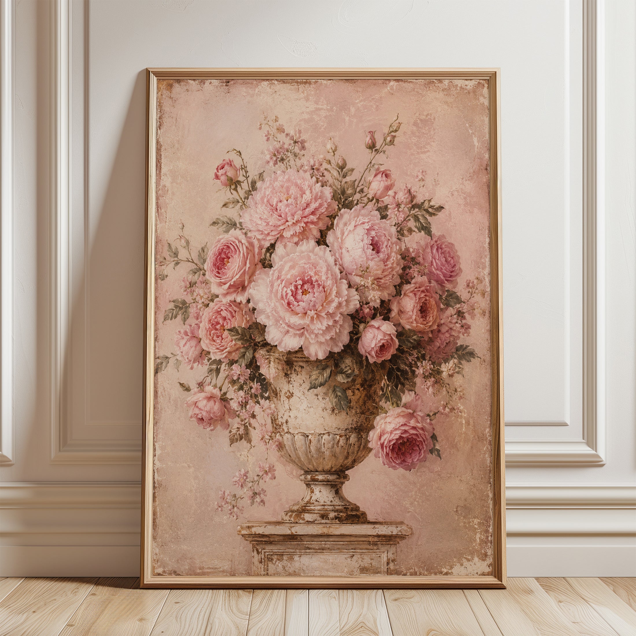 Vintage Floral Wall Art – Pink Rose Print - framed detail