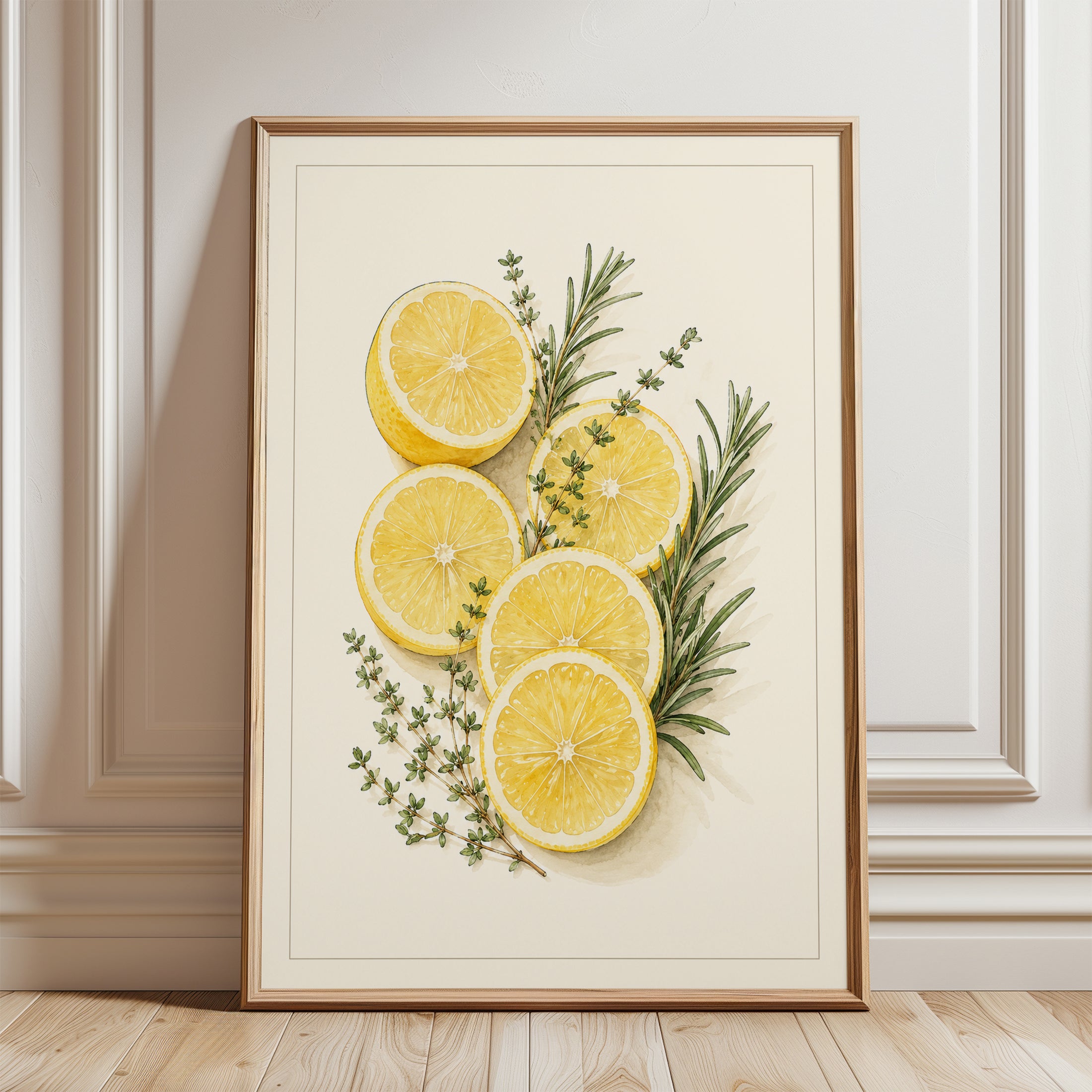 Lemon Herb Wall Art – Kitchen Botanical Print - framed detail