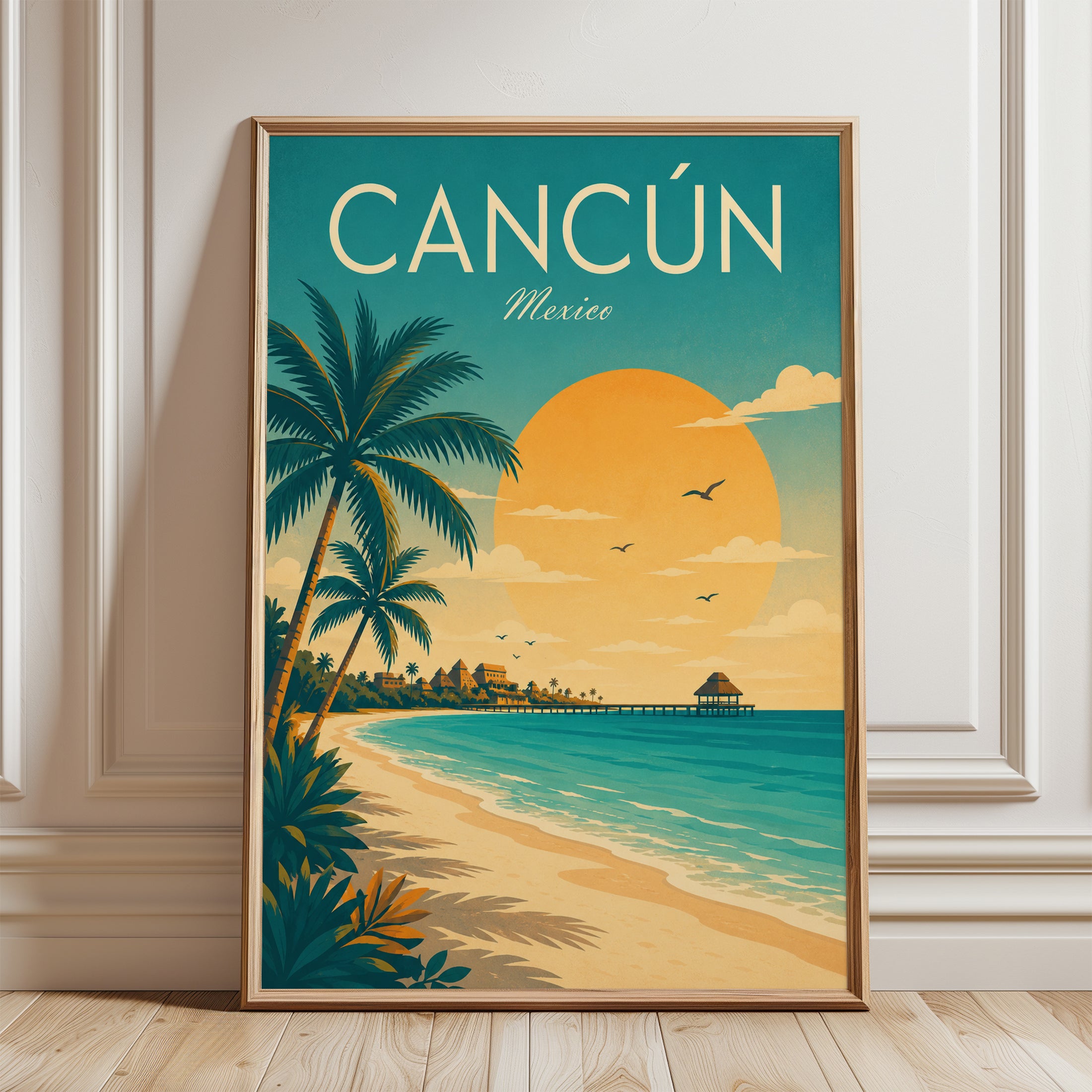 Mexico Travel Poster – Cancun Beach Print - framed detail