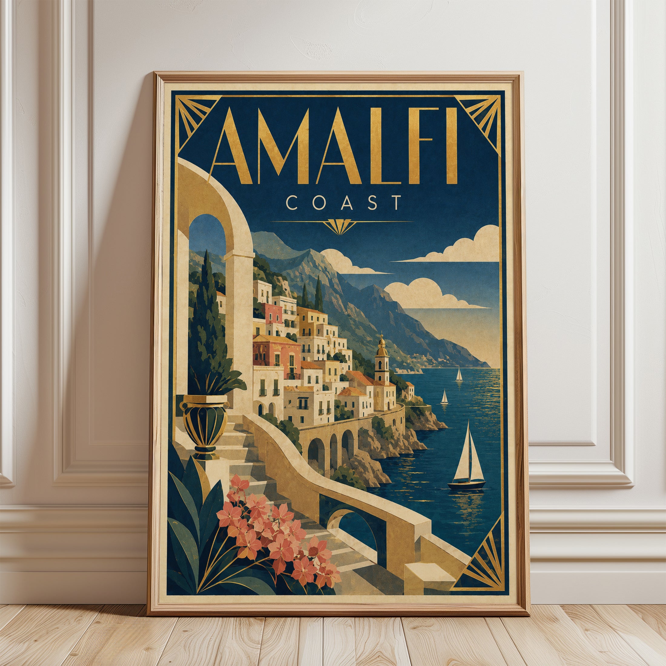 Vintage Travel Poster – Amalfi Coast Italy Print - framed detail