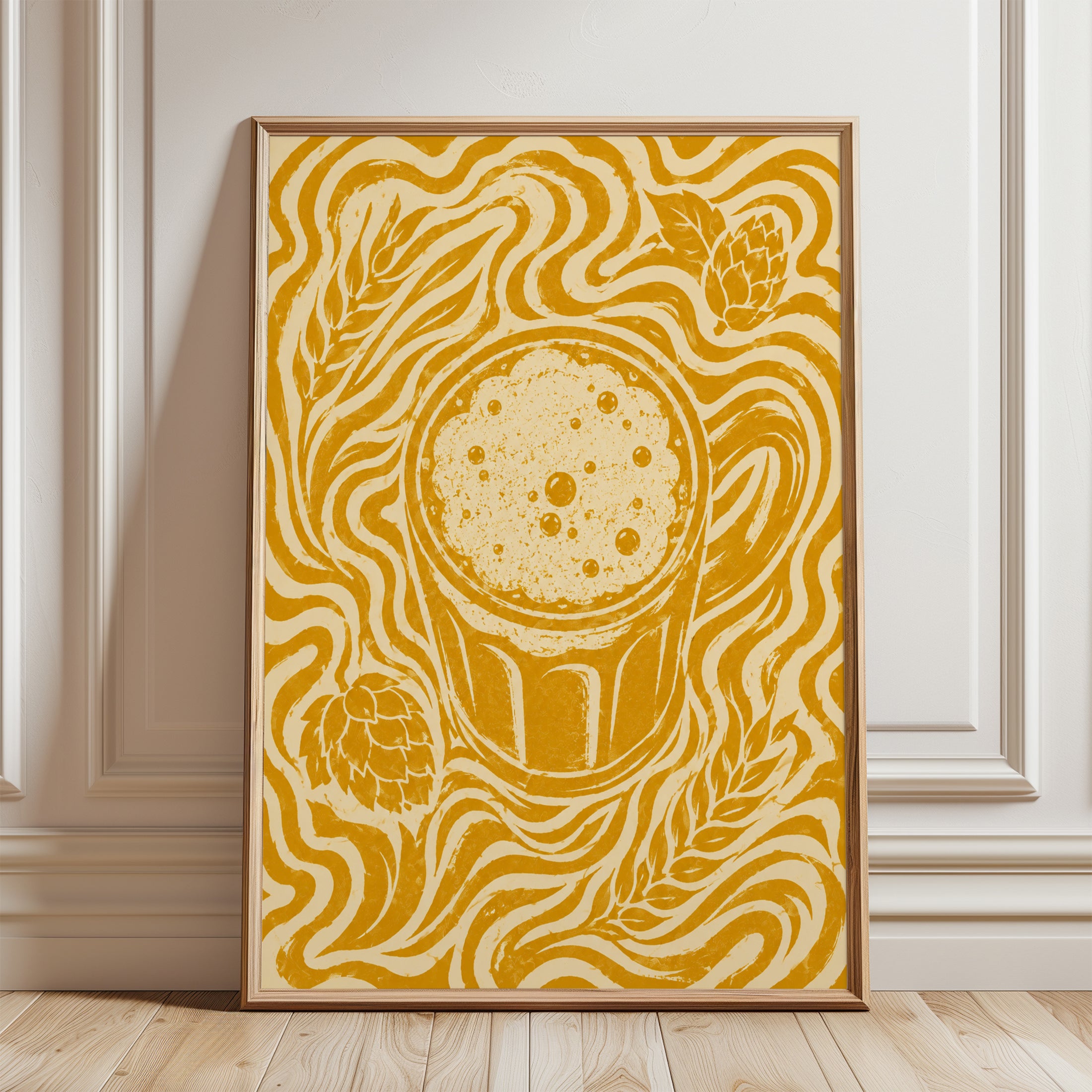 Craft Beer Art Print: Art Nouveau Golden Hops and Barley Design - framed detail