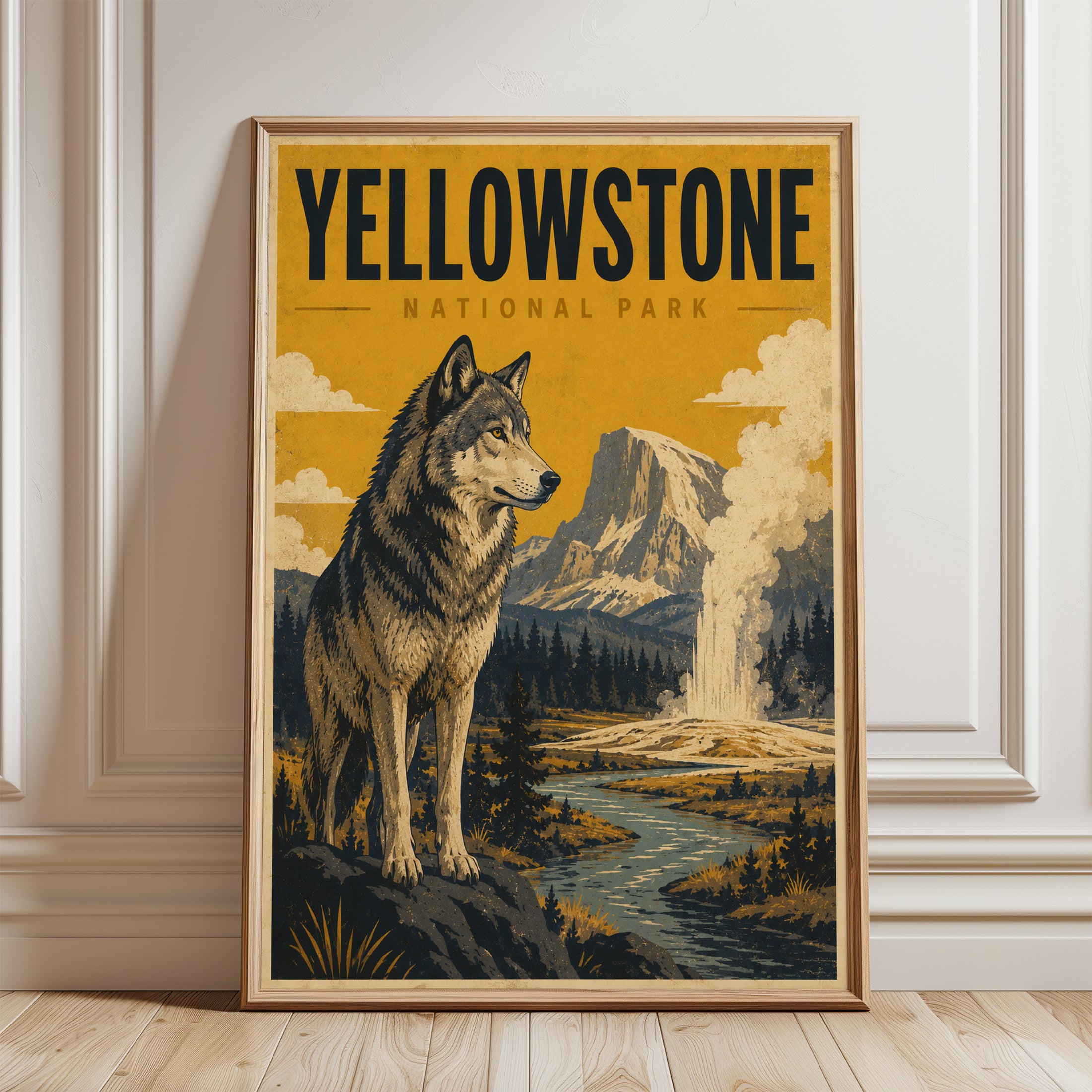 Yellowstone National Park Poster – Wolf Wall Art - framed detail