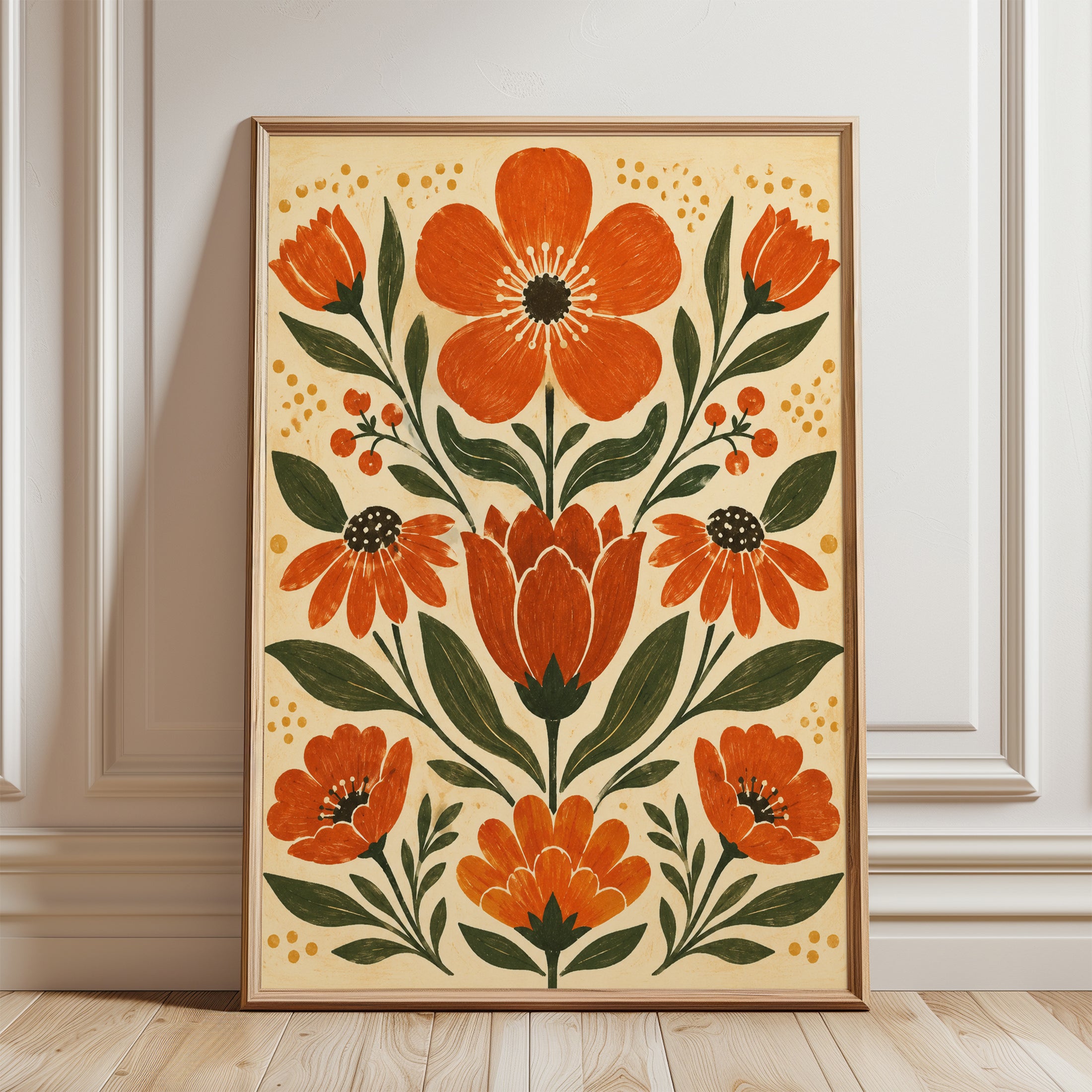Folk Art Floral Print – Retro Botanical Wall Art - framed detail
