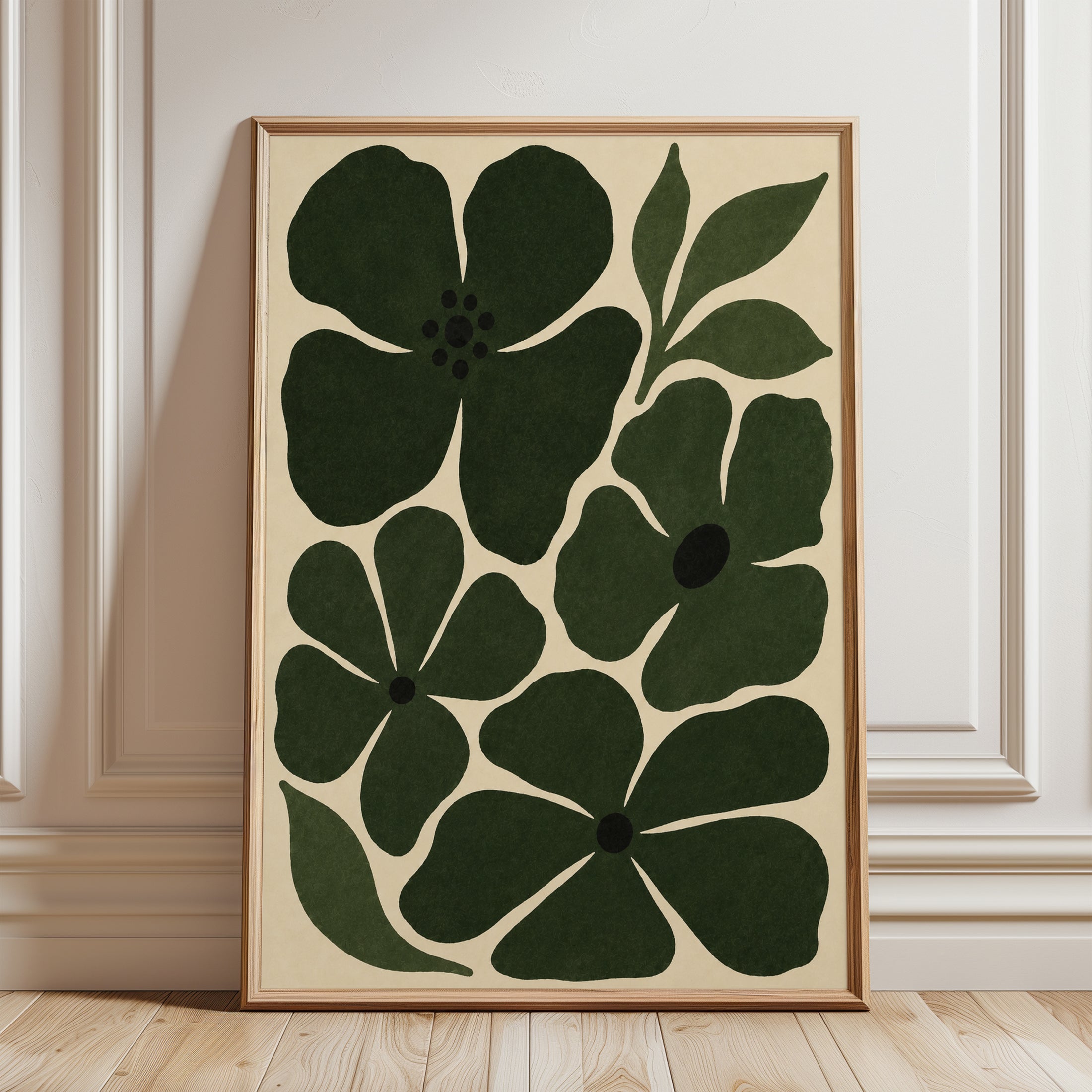 Abstract Green Floral Art Print: Mid-Century Modern Botanical - framed detail
