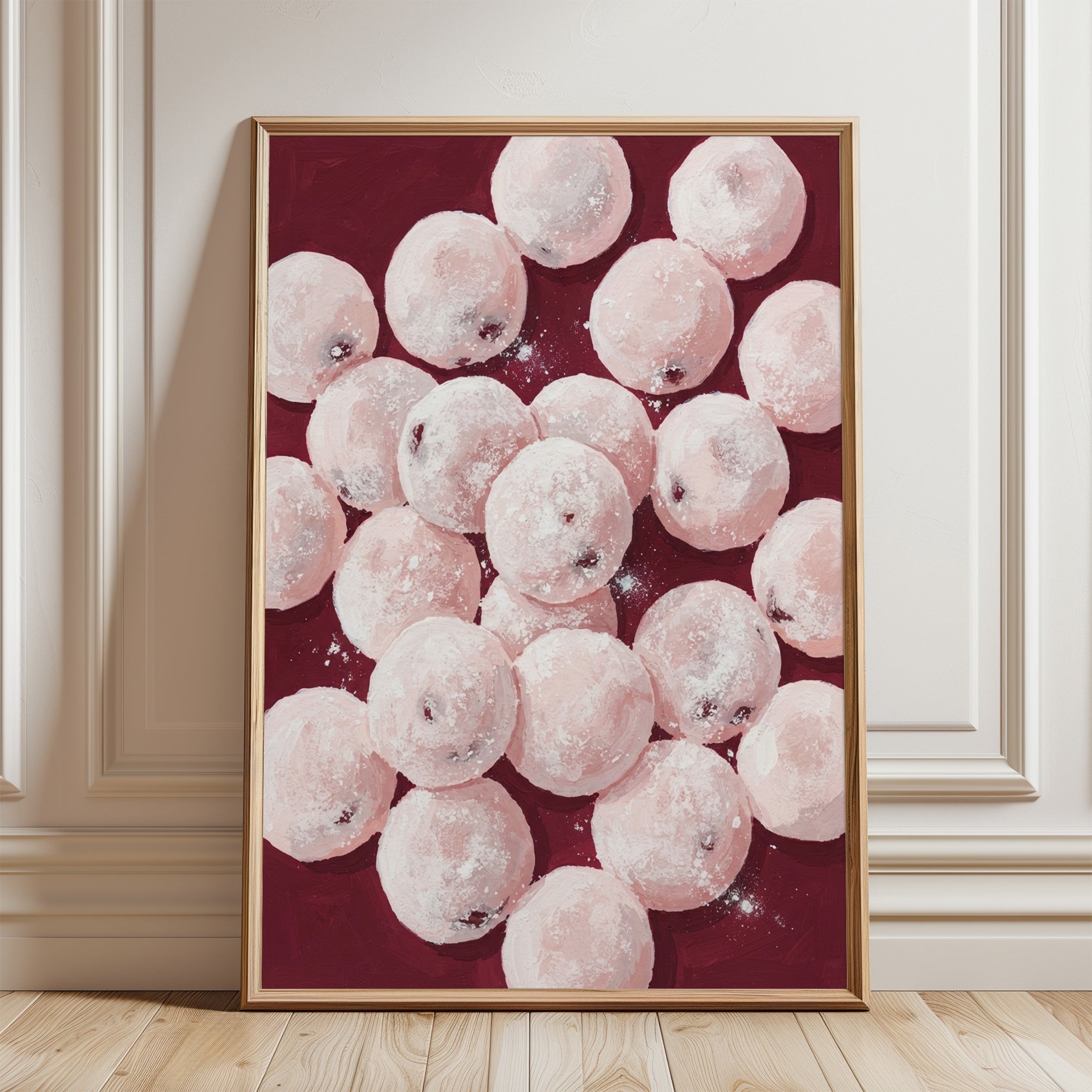 Sugar Dusted Donuts Wall Art: Pink and Burgundy Food Photography - framed detail