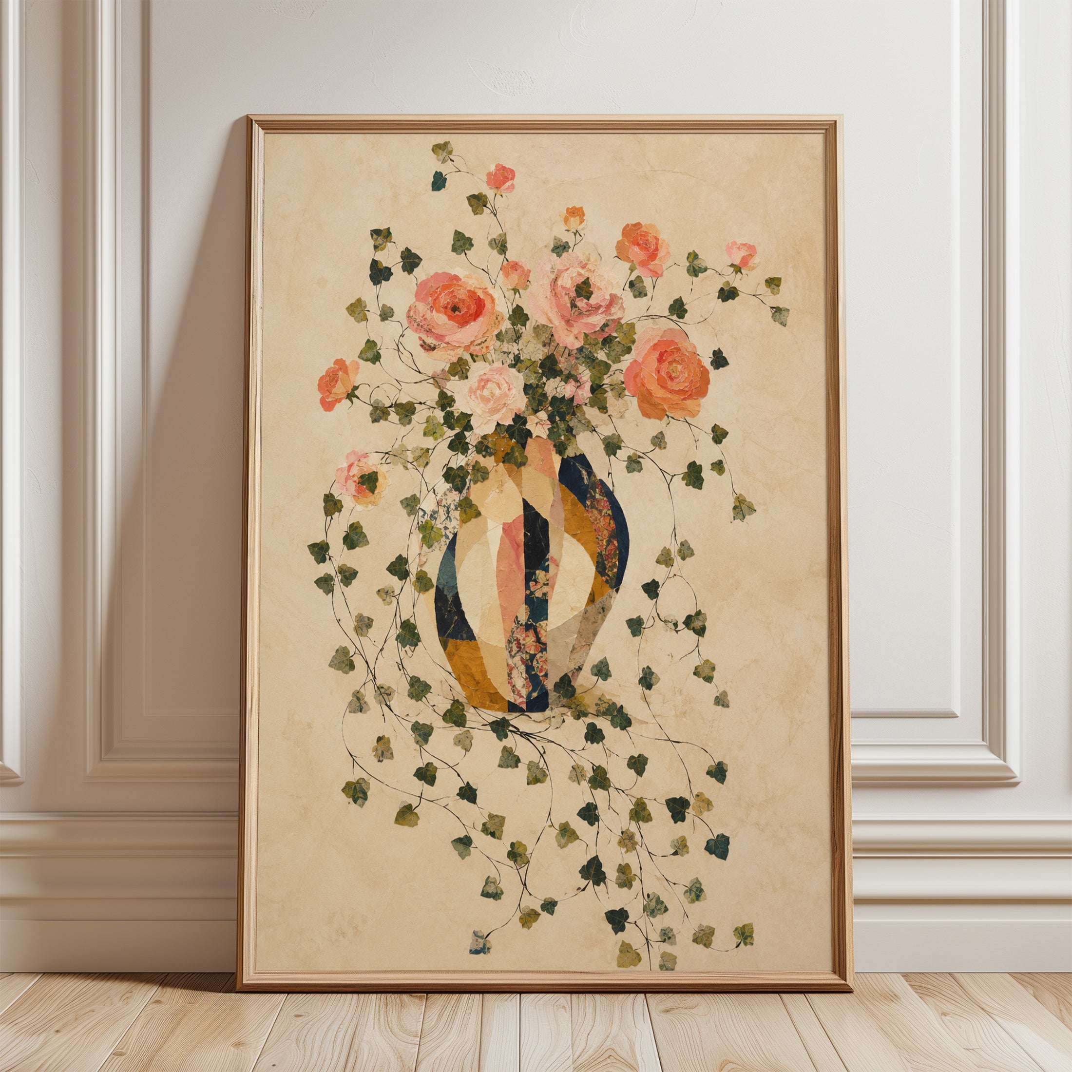 Vintage Floral Vase Art Print: Coral Roses and Ivy on Cream - framed detail