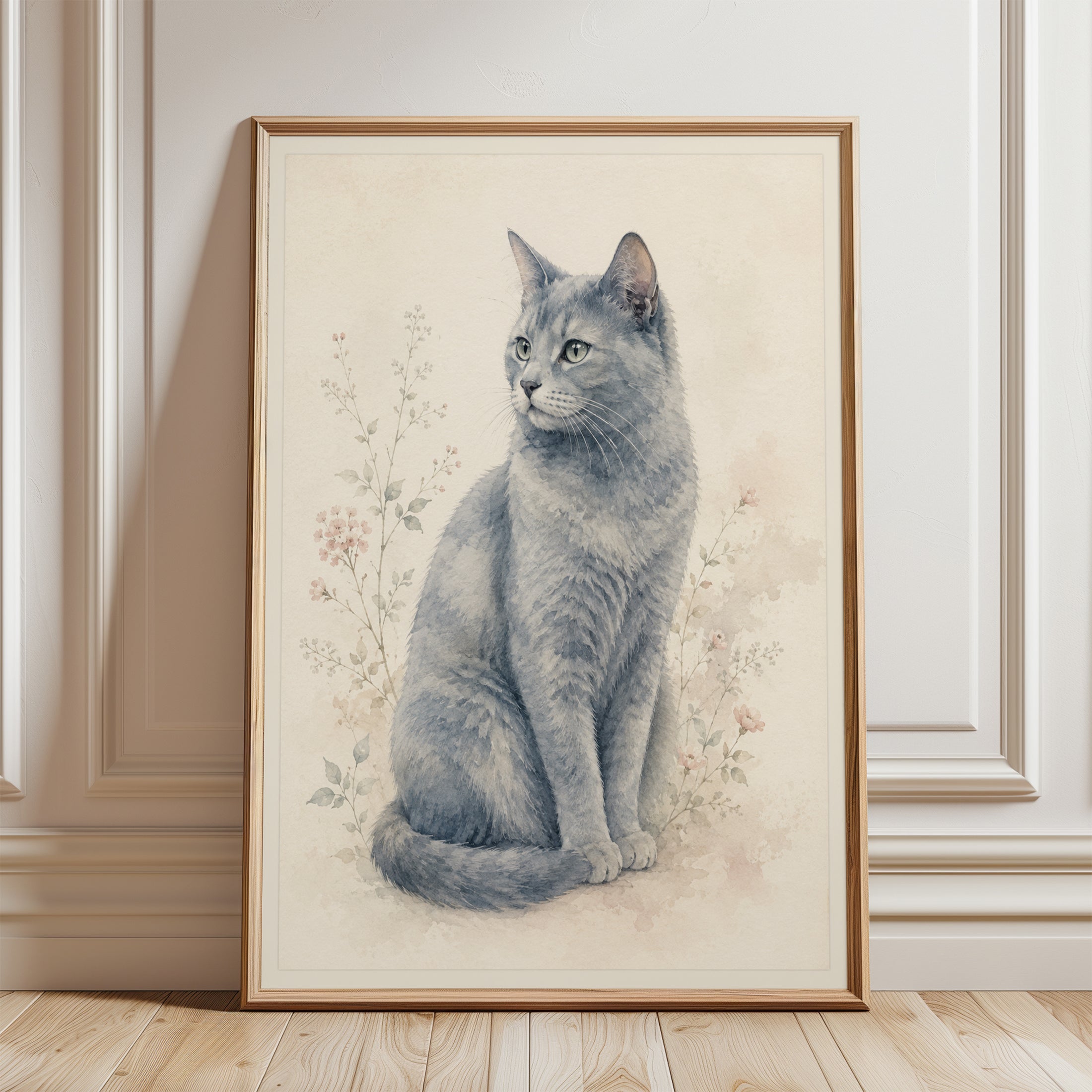 Gray Cat Watercolor Print: Botanical Floral Art - framed detail