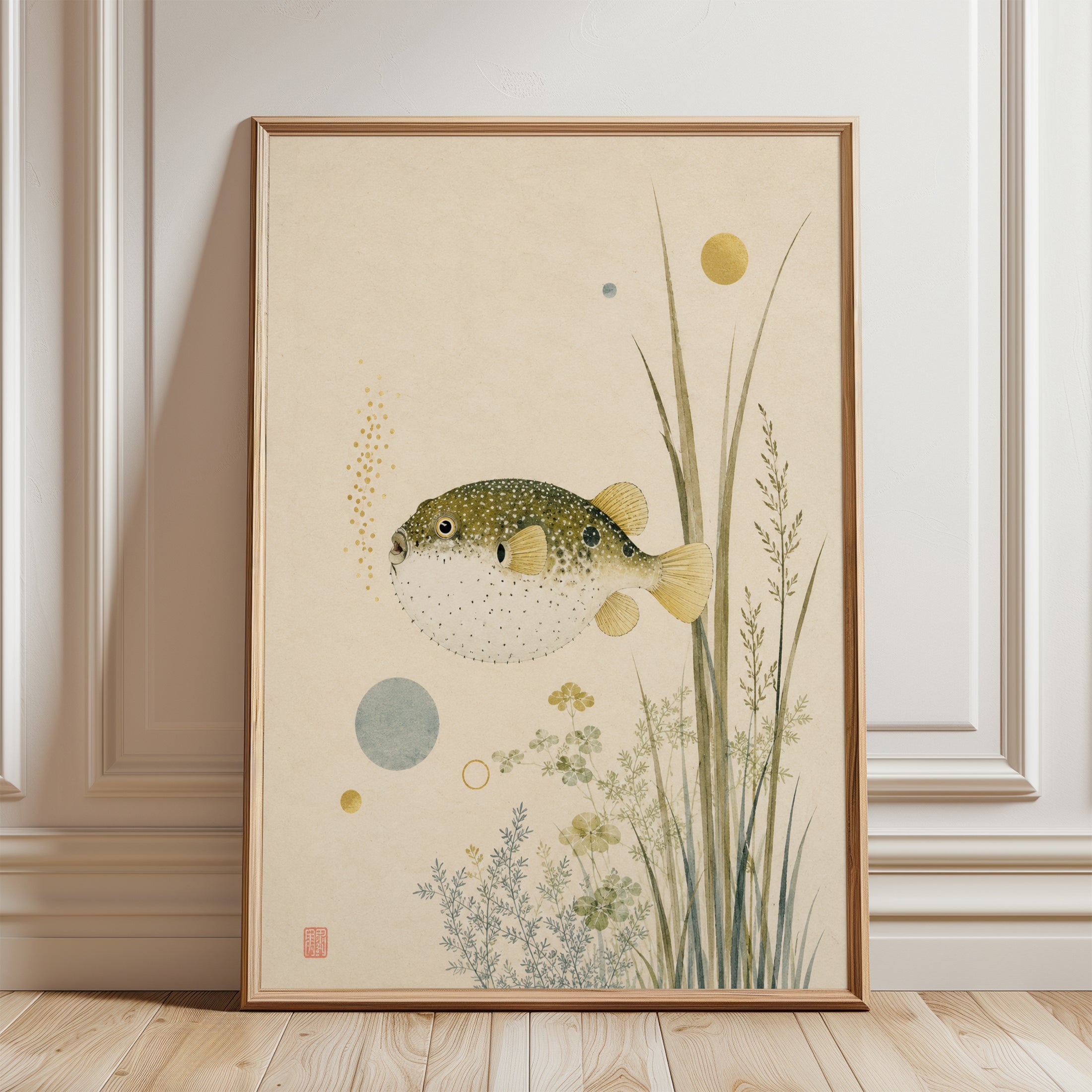 Japanese Fish Wall Art – Pufferfish Print - framed detail