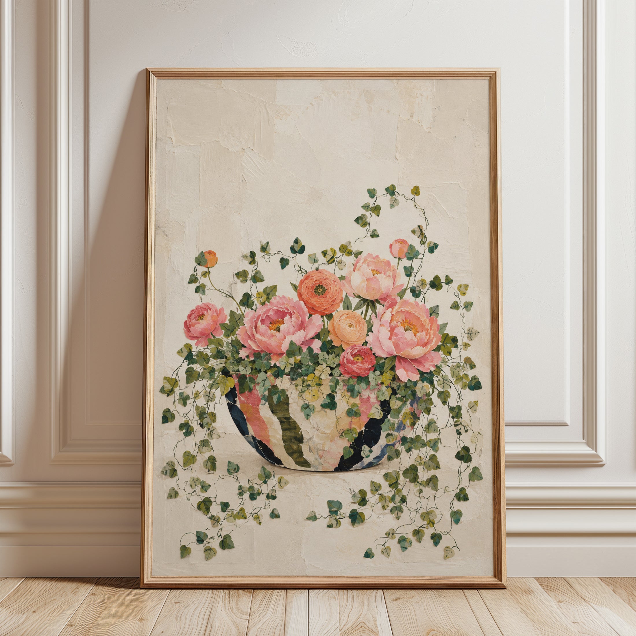 Pink Peonies and Ranunculus in Vase: Botanical Wall Art - framed detail